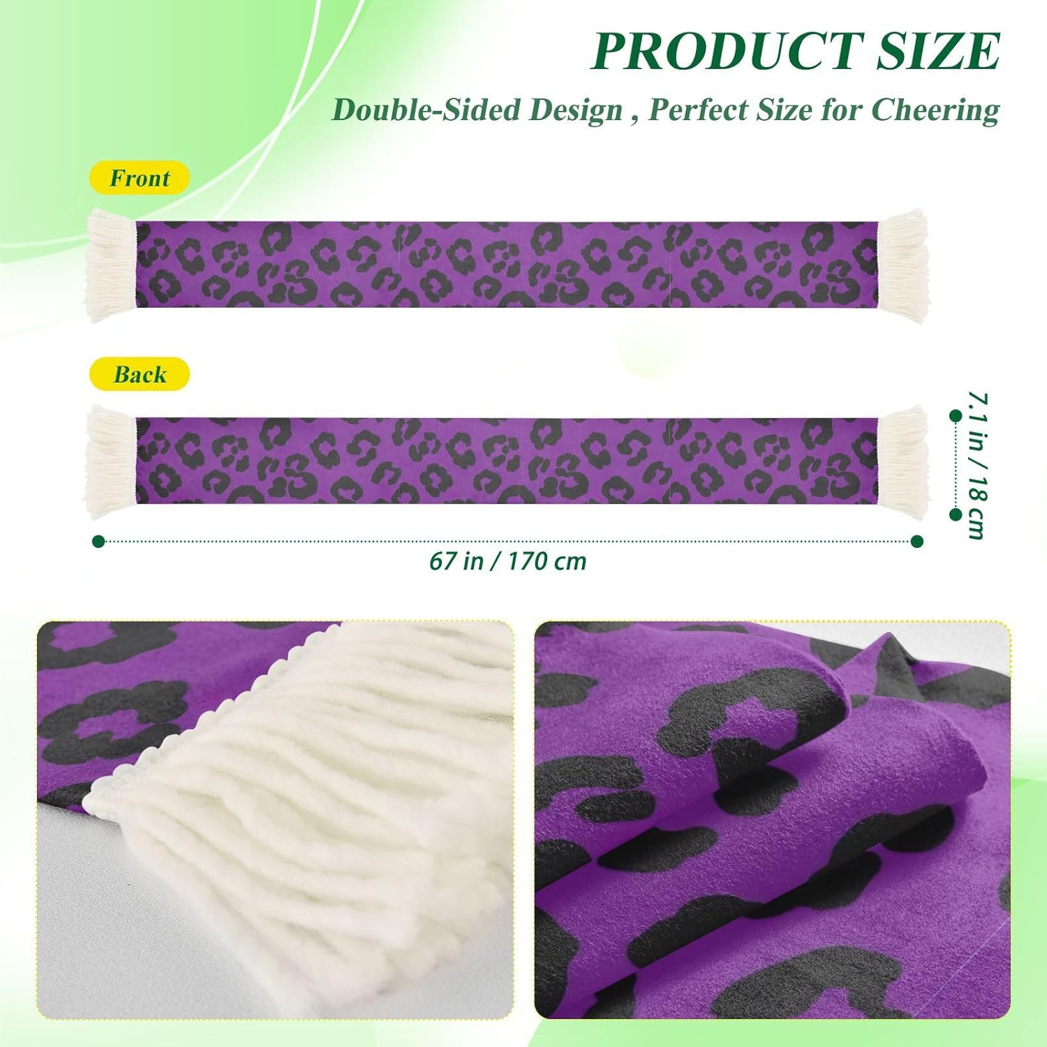 CHIFIGNO Black Leopard Spots Purple Sports Fan Scarf for Soccer Games, Soft Polyester Sweat Towel Wrap with Fringe Ends, Cheering Banner Scarf