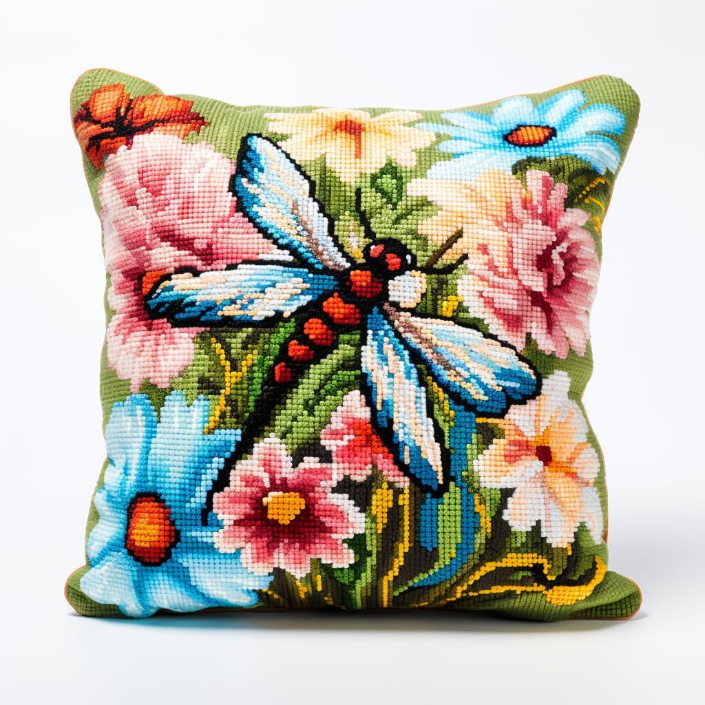 Dragonfly and Flowers Latch Hook Pillow Kit for Adults Throw Pillow Cover with Printed Canvas Crochet Yarn Needle Craft Easy DIY Handmade Cushion for Home Sofa Decoration 43x43cm(3)