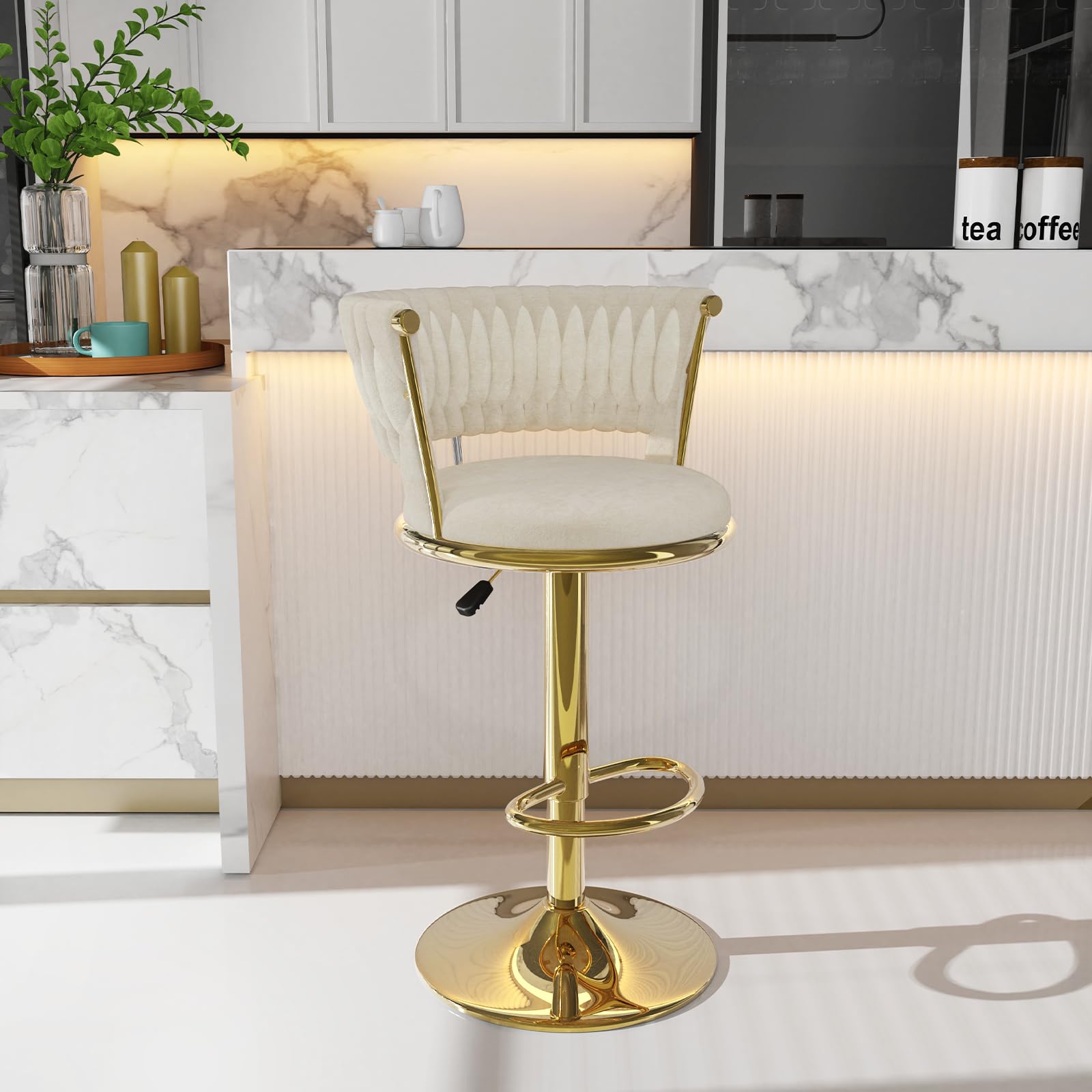 Estilo Real Taburetes de Bar Elegante Silla de Bar de Terciopelo Taburete para mostrador Elevable Taburete de Cocina Giratorio para Cocina, Bar, mostrador, Bar en casa, Dorado