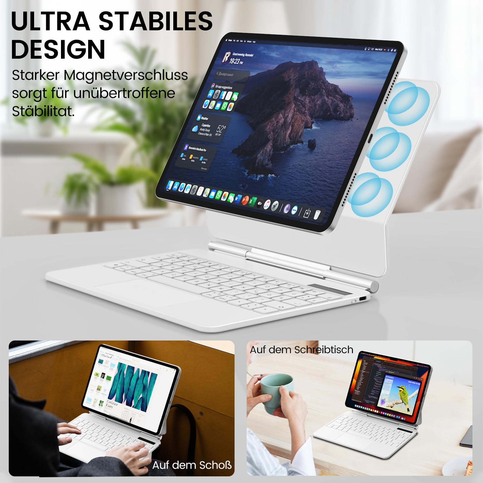 Hülle mit Tastatur für iPad A16 11 Generation 2025/10 Generation 2022 (11/10.9 Zoll), ipad Magic Keyboard mit schwebendem Cantilever Ständer, Beleuchtete Tasten, Multi Touch Trackpad, Weiß
