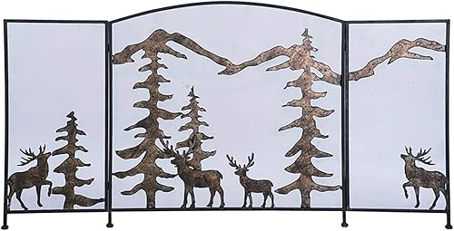 Pantallas para chimenea, diseño de ciervos de árbol, 3 paneles de hierro forjado, puerta de pie con cubierta de malla de metal sólido, plegable