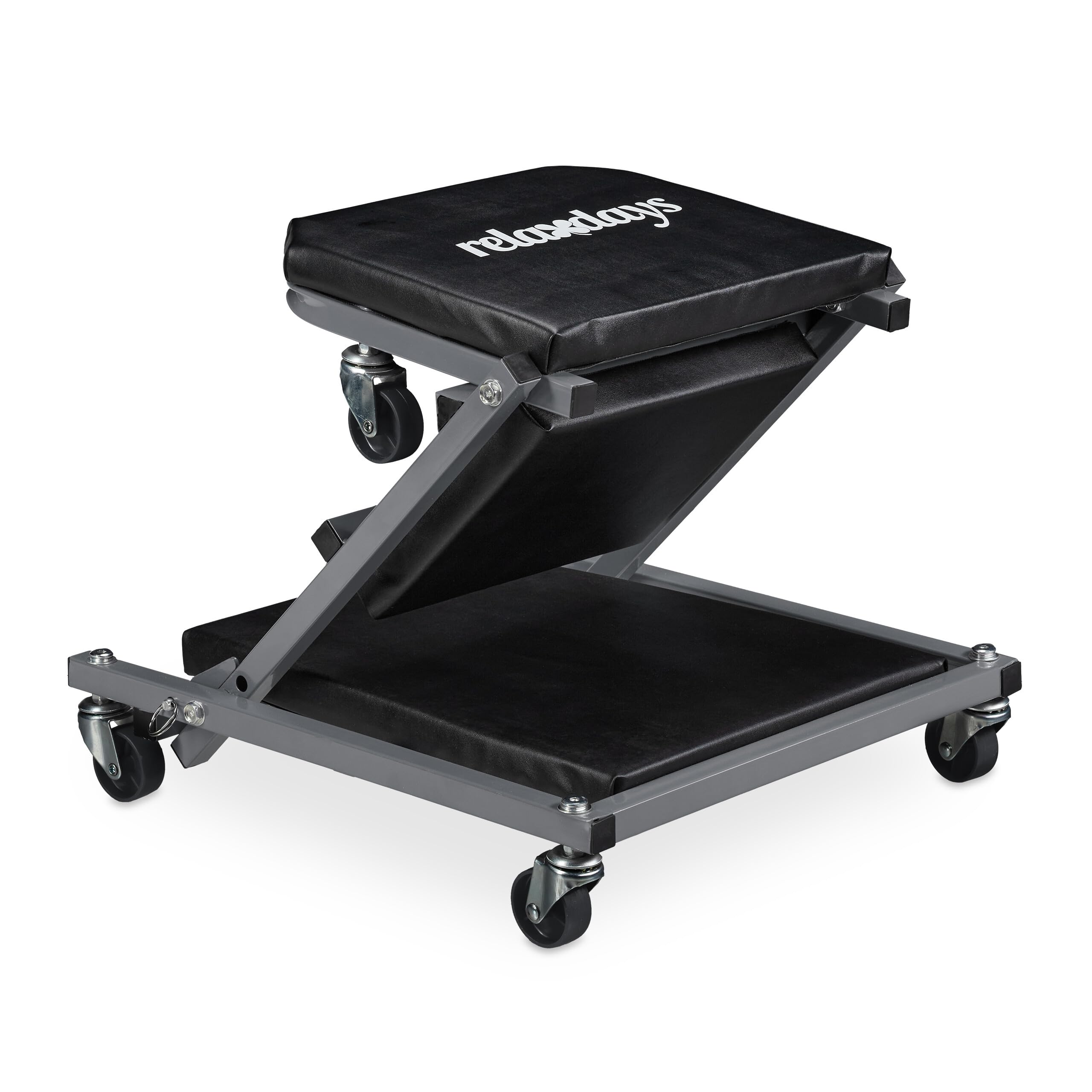 Relaxdays Mechanic Stretcher with Wheels, 150 kg, Workshop Stool 2 in 1, Folding, 360° Swivel, Black and Grey, Fibreboard, 12 x 41 x 91 cm
