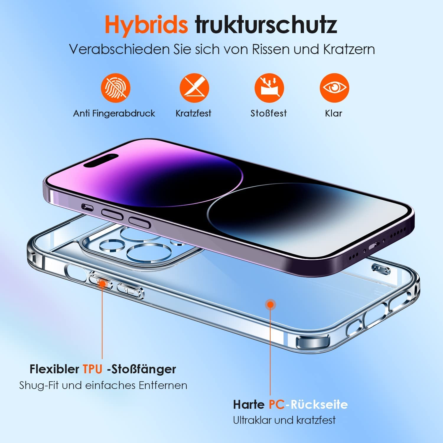 iVoler 3 in 1 Cover per iPhone 14 Pro 6.1 pollici con 2 Pezzi Pellicola Vetro Temperato, [Non Ingiallente ] [Antiurto di Grado Militare] [Protezione Fotocamera] Trasparente Sottile Custodia