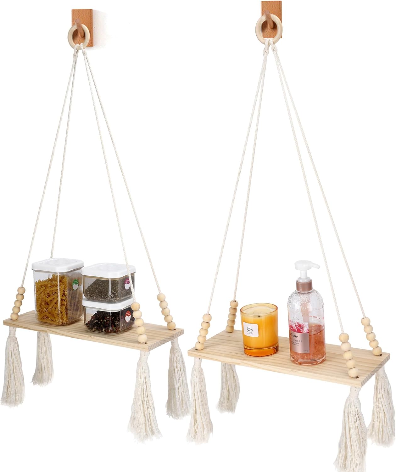 Bohe 2 Pack Wooden Wall Hanging Shelves, Macrame Plant Wall Shelf with Tassel, Storage Floating Shelves for Books Photos,Wall Shelves for Living Room,Bedroom, Handmade Stand Holder Home Decor