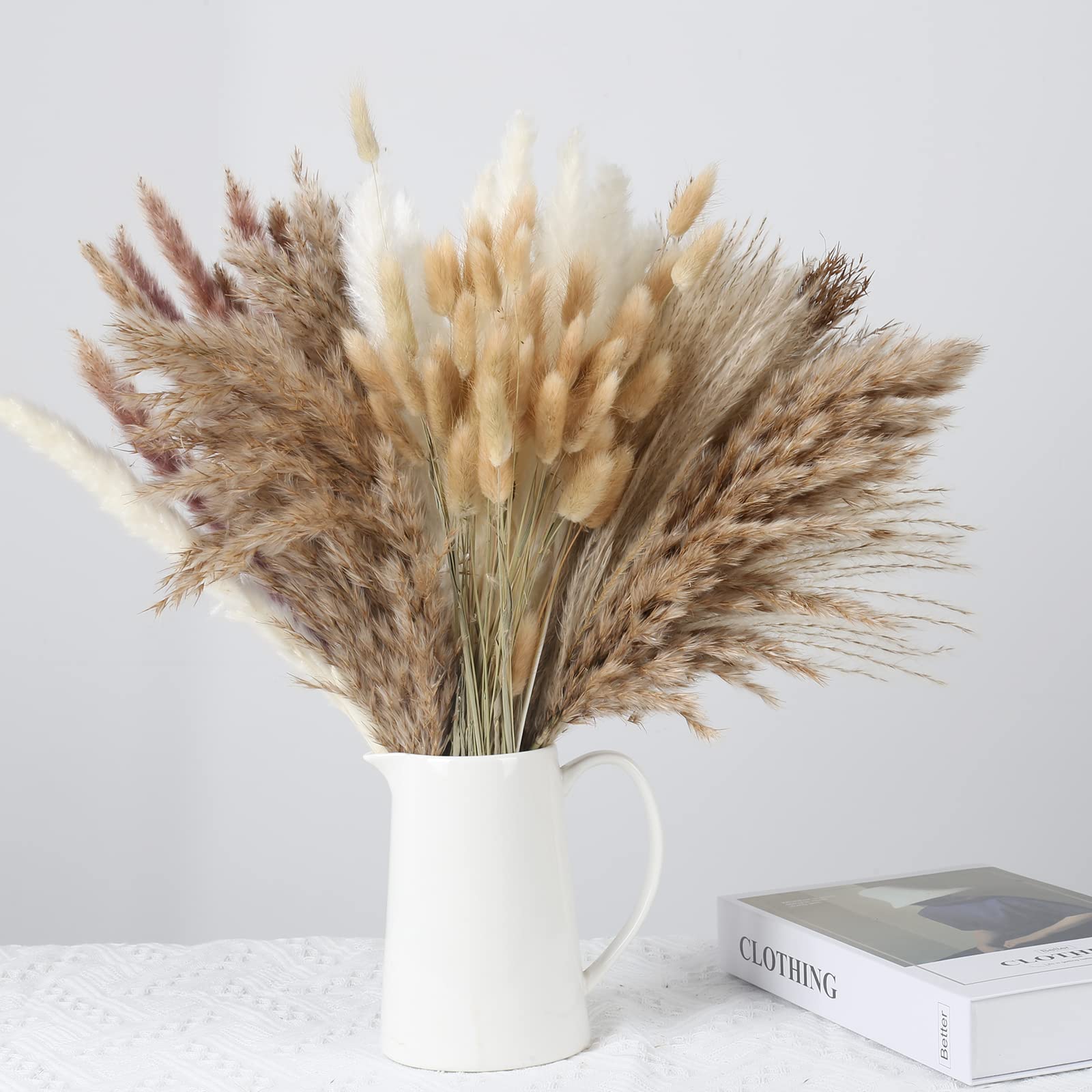 HUAESIN 110PCS Natural Pampas Grass Artificial Bunny Tails Pampas Grass Decor Artificial Pampas Grass Dried Flowers Bouquet Dried Pampas Grass Set for Boho Decor Wedding Flower Arrangements