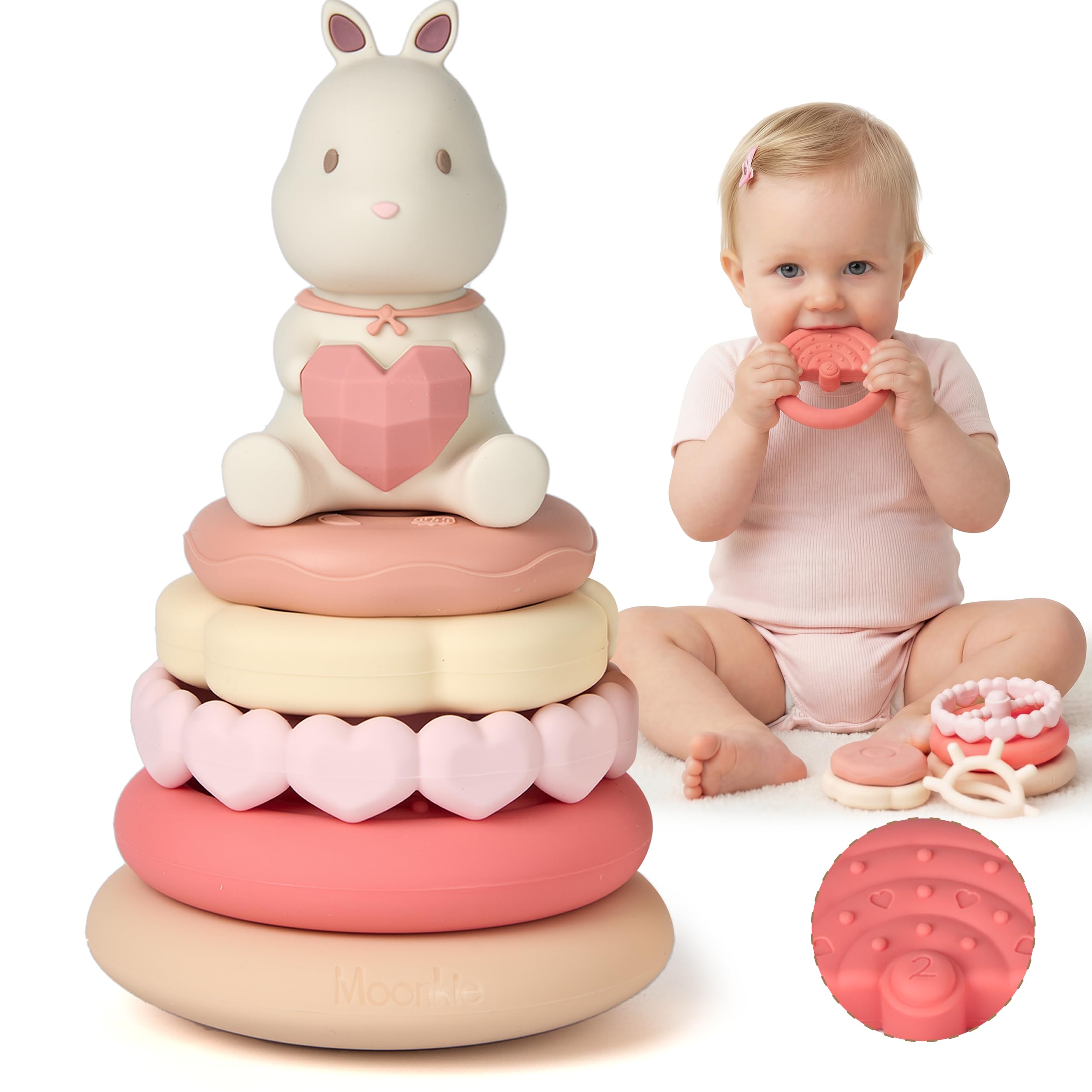 Moonkie Beißring Baby & Hase Stapelturm Baby, 7 Teiliges Set, Silikon Spielzeug mit Ringen ab 6-18 Monate, Mehrstufige Entwicklung, Kausichere Sensorik Montessori Spielzeug,Babygeschenke für Mädchen