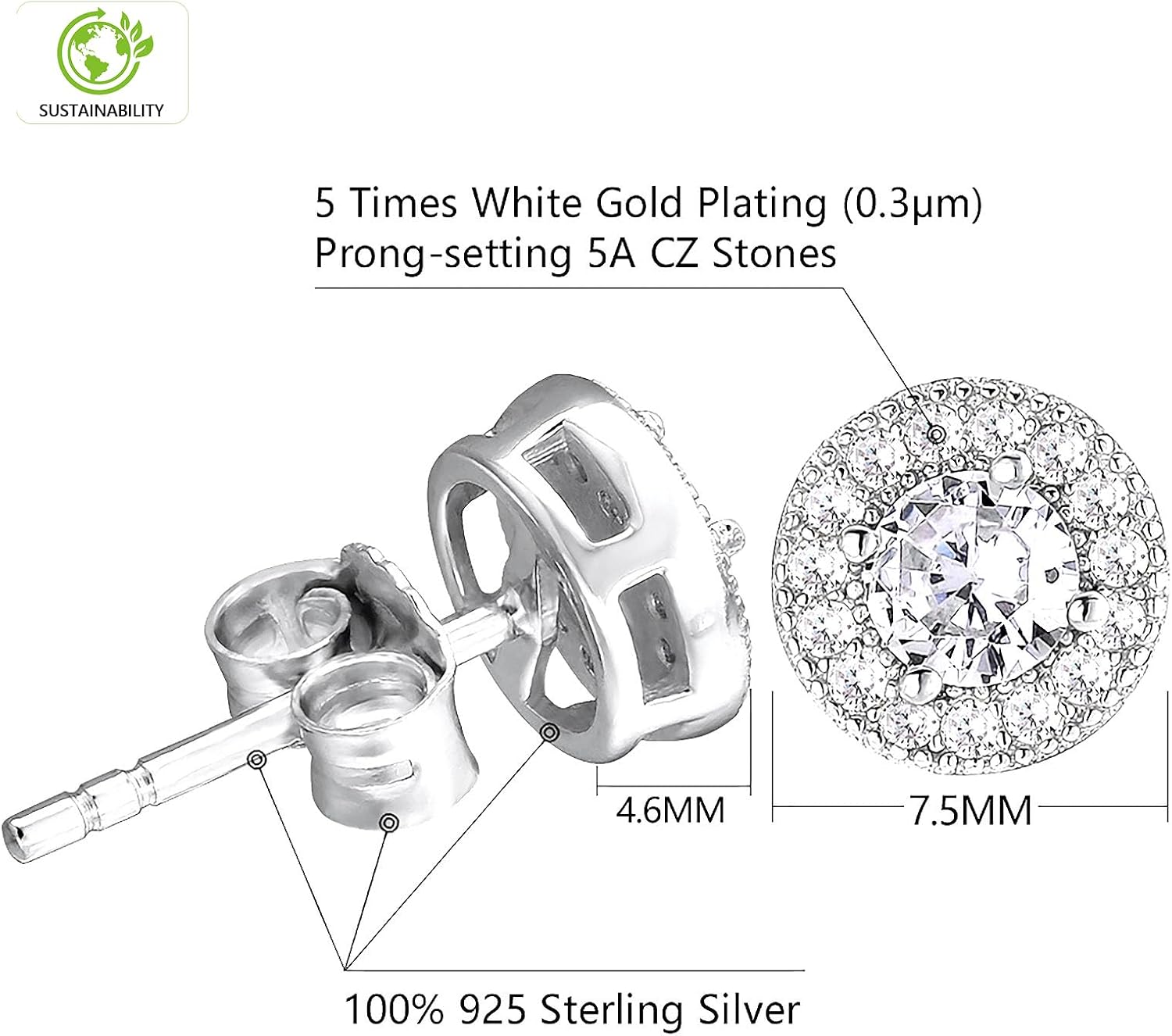 KRKC&CO Earrings for Men, Sterling Silver, Birthday Gift for Men, 14K/White Gold Studs, Iced Out Earring, Hypoallergenic Ear, 5A CZ Stones, Fathers Day, Party Jewerly - Image 4