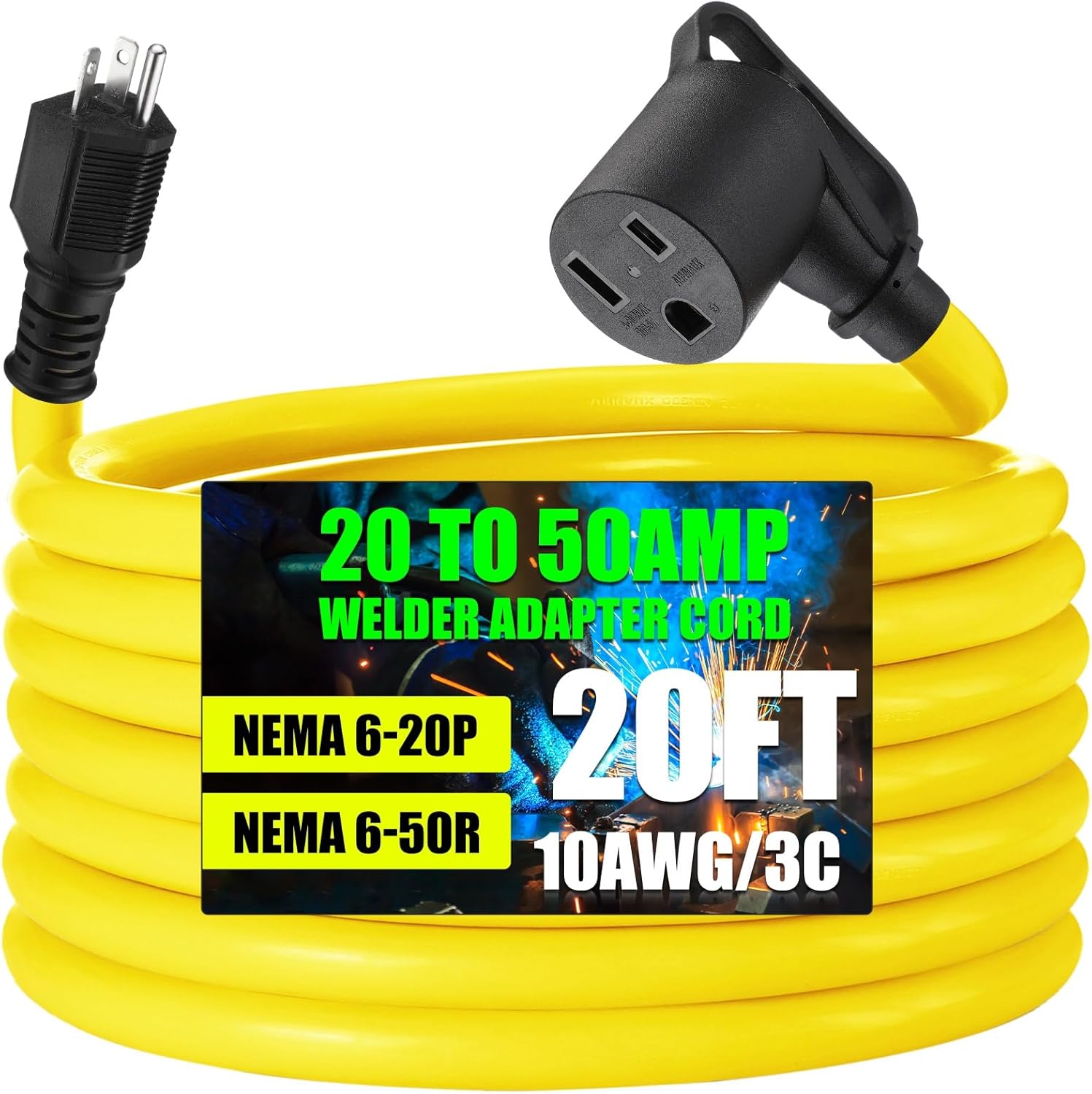 15FT 20Amp to 50Amp Welder Adapter Cord Compatible with NEMA 6-20P to 6-50R 3 Prong 20Amp Household Regular to Welder Power Adapter for Welding Machine with Handle, STW 10 AWG, ETL Listed