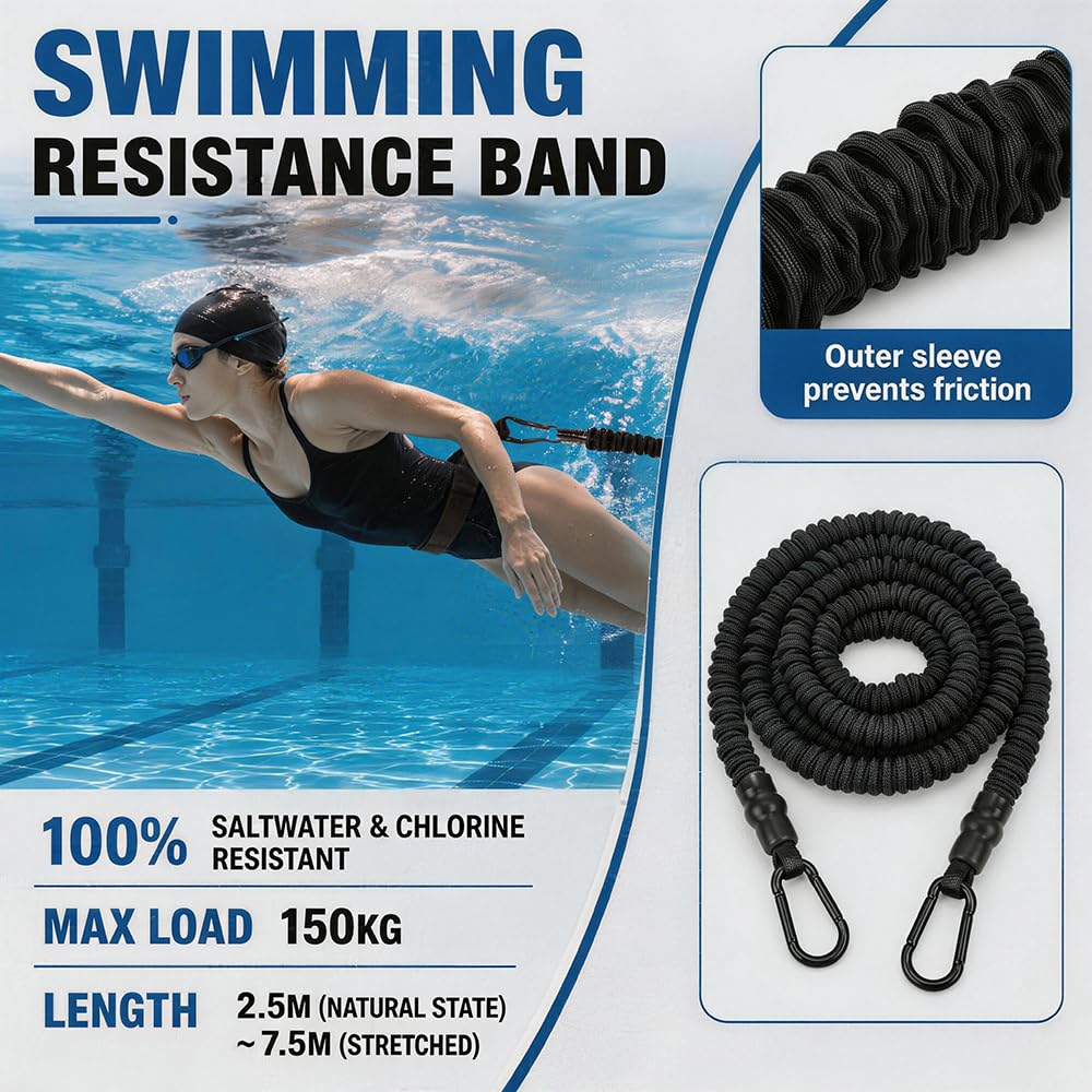 Schwimmgurt Pool, Einstellbare Schwimmgurt Pool Erwachsene, Schwimmtrainer mit 2,5-7,5 M Elastischen Gummibändern, Schwimmtrainer Gürtel für Pooltrainer, Erwachsene