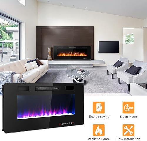 Miniatura 9 de COSTWAY Chimenea eléctrica de 50 pulgadas, 750 W1500 W empotrada en pared y montaje con control remoto, 12 colores de llama, 5 ajustes de brillo,