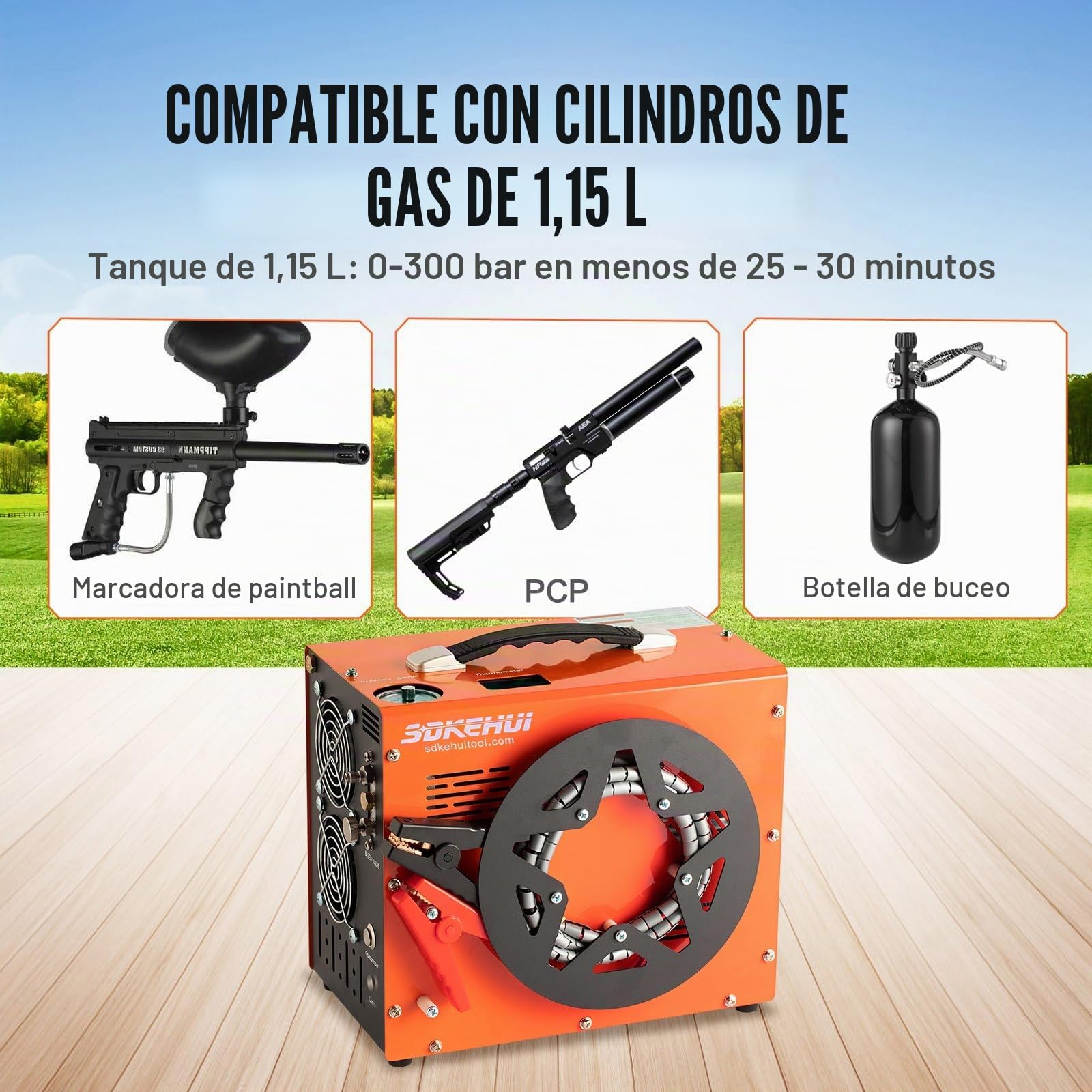 Compresor de aire PCP de 350 W, CC 12 V CA 230 V, 4500 psi 30 Mpa, presión de parada automática, separador de aceite y agua integrado, con sistema de ventilador de refrigeración, bomba de alta presión