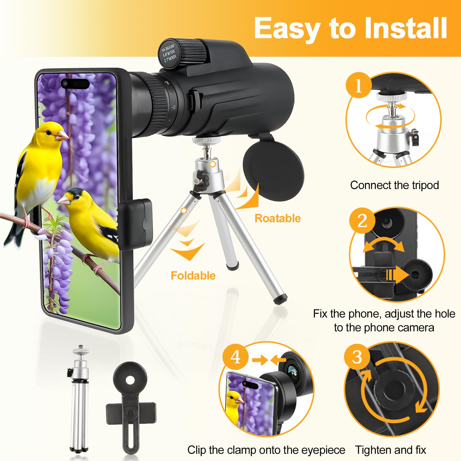Monoculaire zoom 10-30 x 50 pour adultes avec adaptateur smartphone et trépied, télescope portable avec lentille FMC haute puissance et prisme BAK, monoculaire compact étanche pour