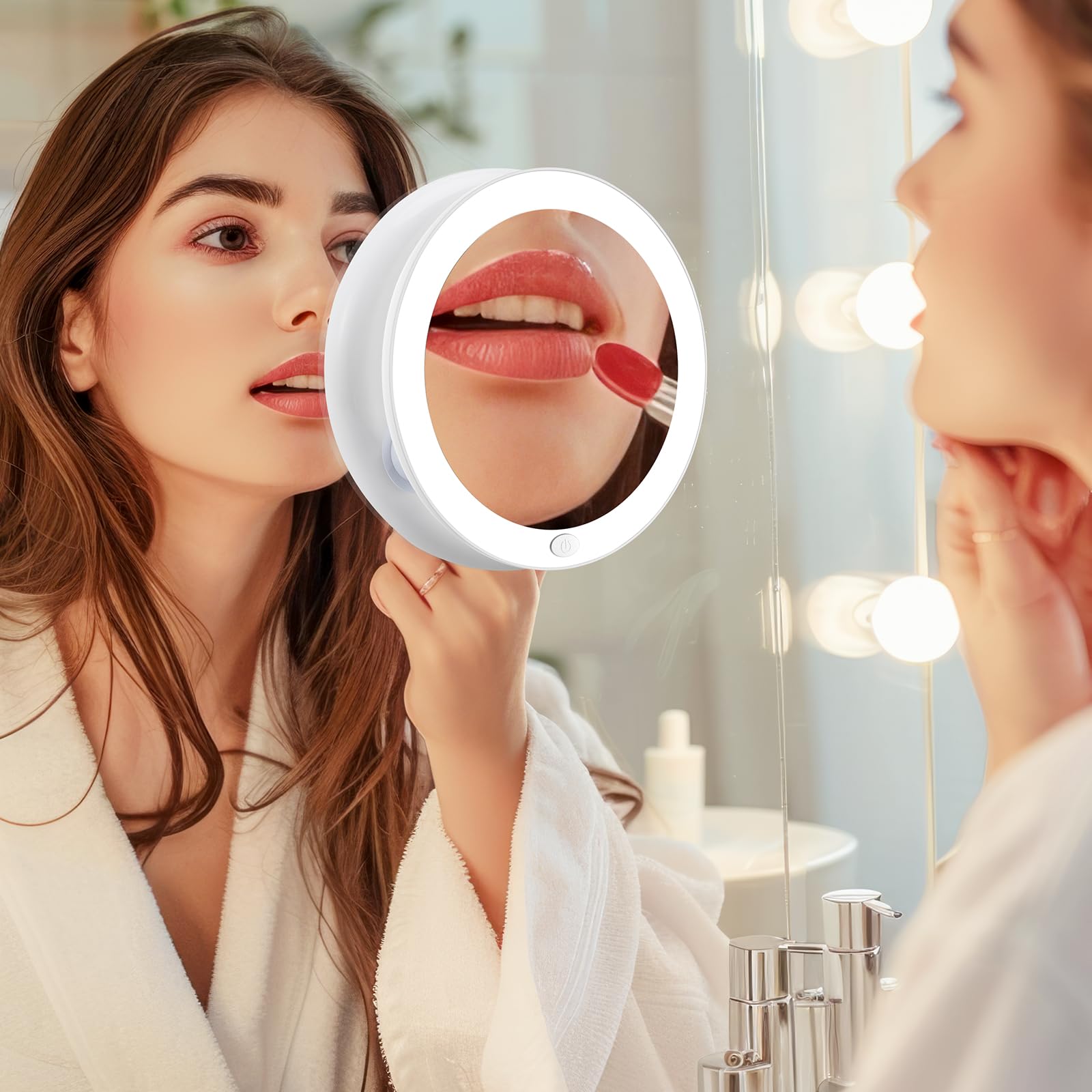 EMKE Specchio con ingrandimento a LED, specchio compatto con luci, specchio ingranditore 5X con ventosa, specchio cosmetico da doccia, specchio portatile per trucco per viaggi, trucco, rasatura