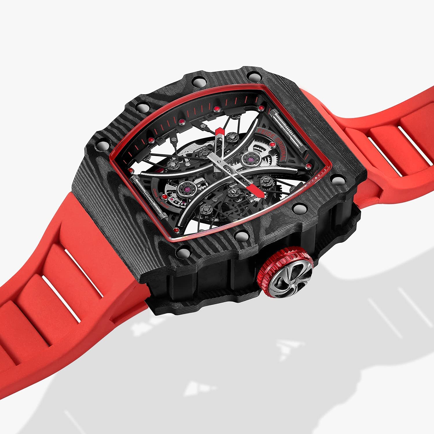FEICE Orologio Scheletro da Uomo Orologio Automatico Vetro Zaffiro Orologi Meccanici Cassa Irregolare Movimento Giapponese Impermeabile Rosso