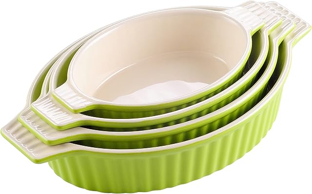 MALACASA Owalne zielone ceramiczne naczynia do pieczenia zestaw 4 szt. (24 cm / 28,5 cm / 32,4 cm/37,8 cm)