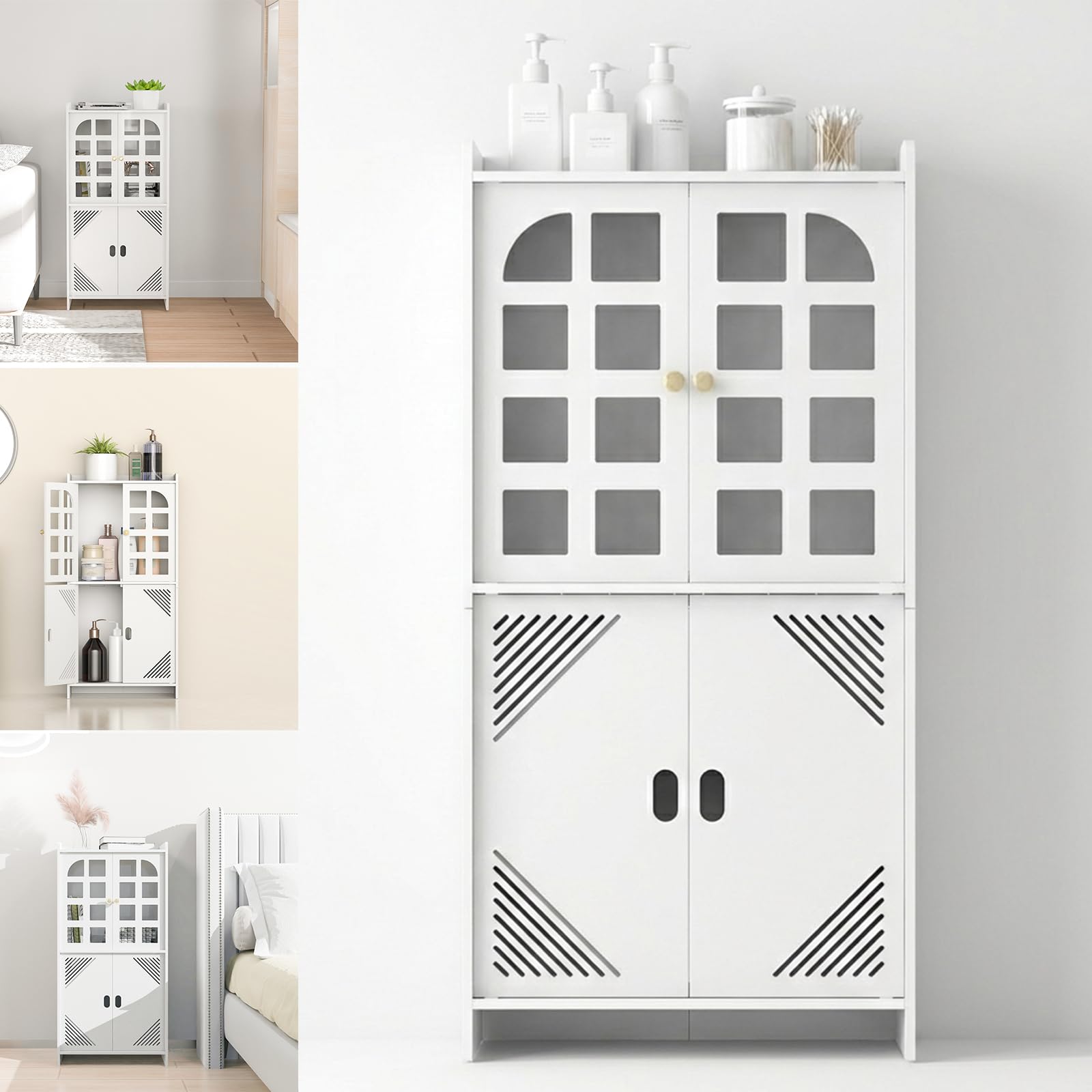 30 Inch Tall Bathroom Cabinet, White Slim Storage Cabinet, Bathroom Storage Unit with 4 Doors, Modern Small Bedside Table, Narrow Cupboard for Small Spaces Living Room Kitchen, H30" x W14" x D9"