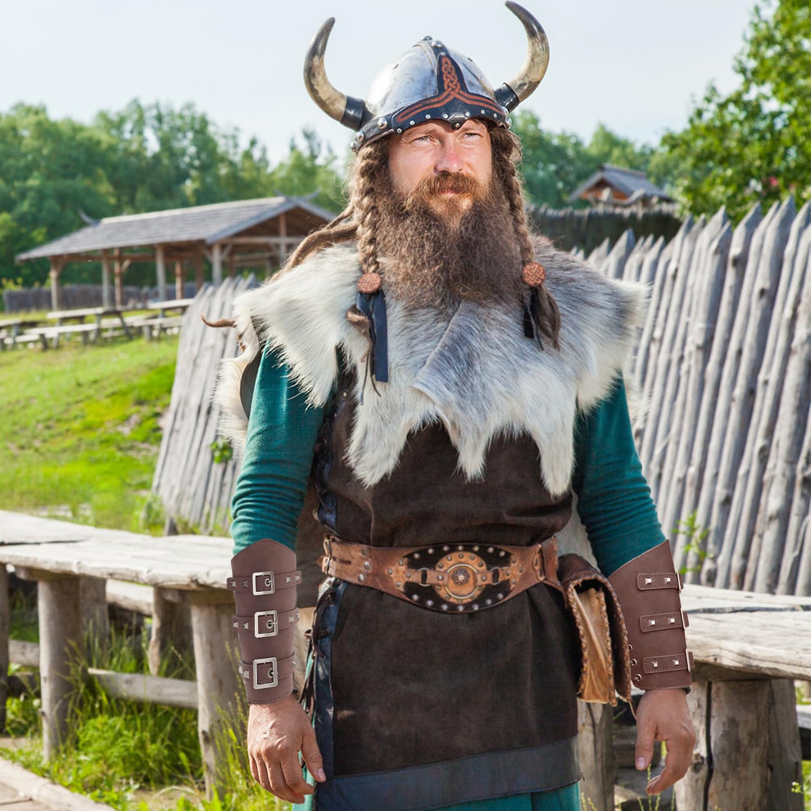 2 Pièces Protège Bras en Cuir Viking, Protège-Poignet Médiéval, Réglable Brassard Cuir, Rétro Renaissance Protection de Bras pour Chevaliers pour Halloween Décoration Punk Cosplay