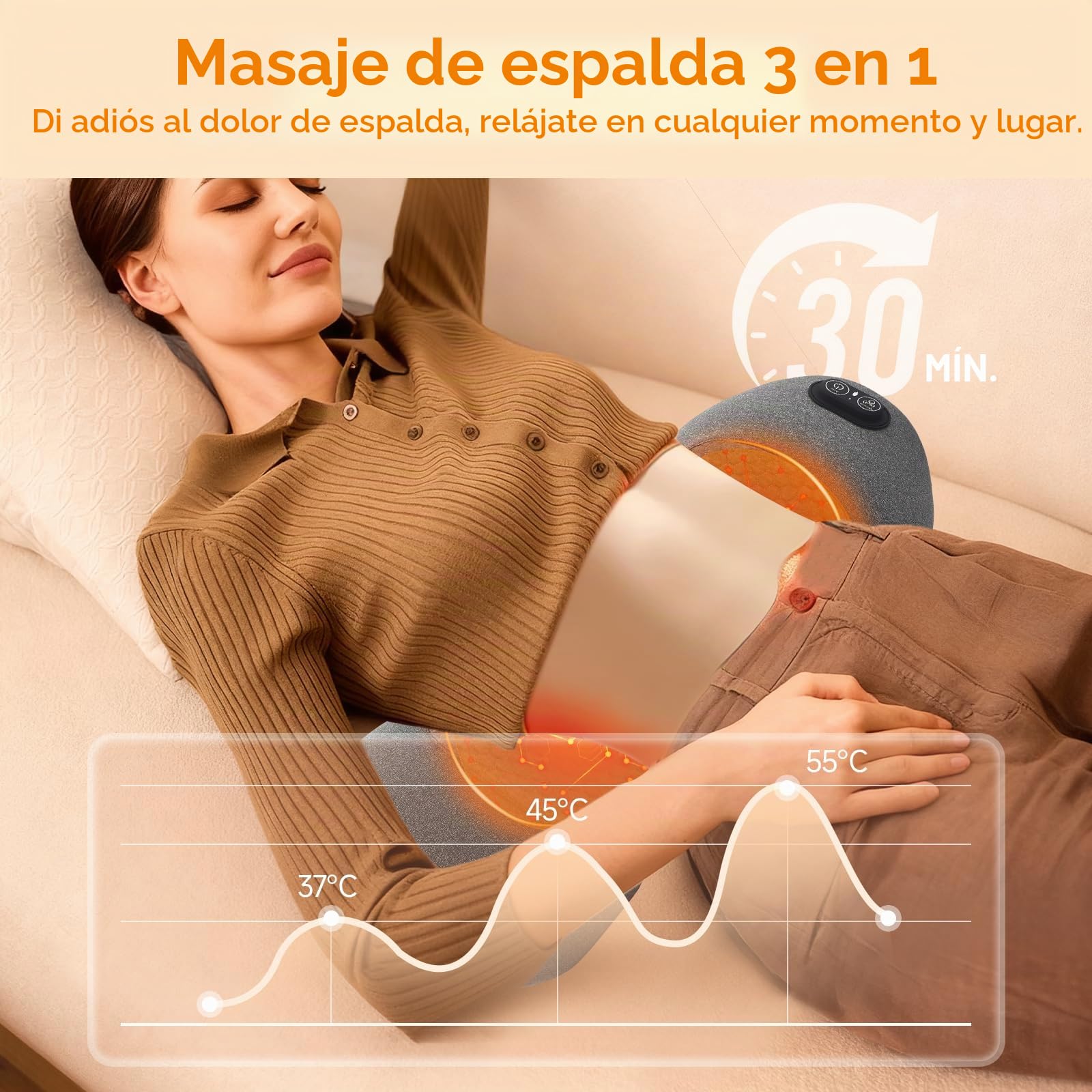 Almohada Lumbar Masajeadora Recargable 3 en 1 con Calor, Vibración y Estiramiento - Soporte Lumbar Ergonómico 26° para Oficina, Hogar y Viajes (Gris Oscuro)