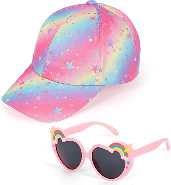 Girls Baseball Cap Sunglasses for Kids, Adjustable Trucker Cap Baseball Hat Pink Heart Sunglasses for Girls 3-8 Years