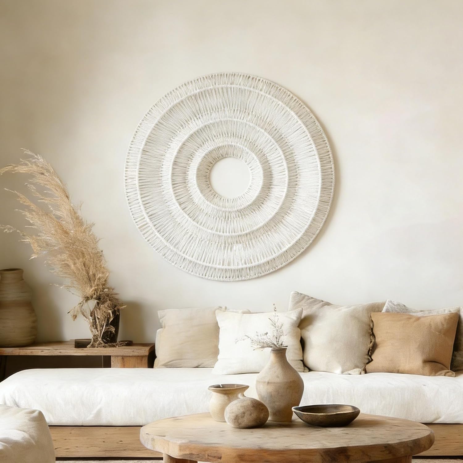 Bergamot 25“ Cotton Rope Woven Wall Hanging Décor, 3D Round Boho Wall Basket. Large Rustic Wall Art for Living Room, Bedroom, Nursery