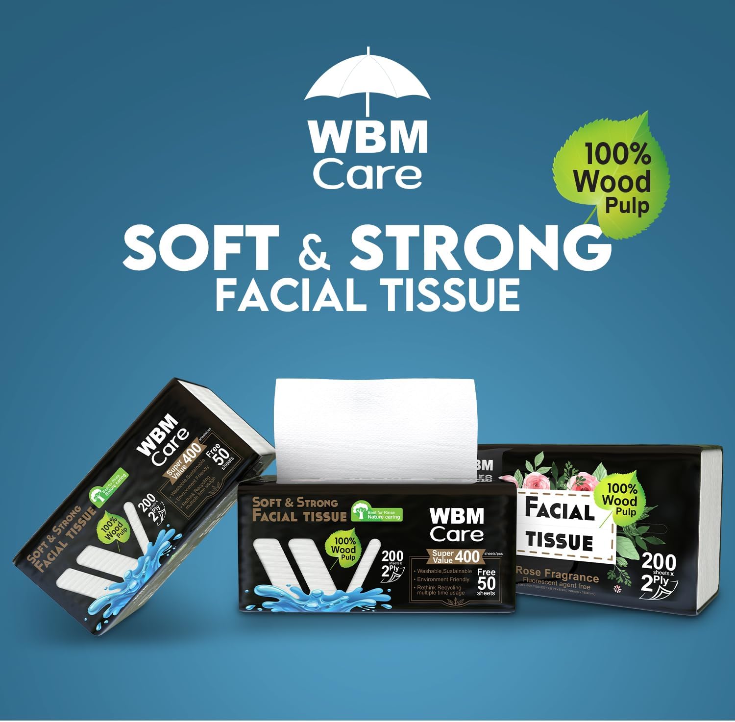 WBM Care Rose Fragrance Facial Tissues, 2-Ply, 200 Sheets/Box (2000 Total) Pack of 10 | Super Soft