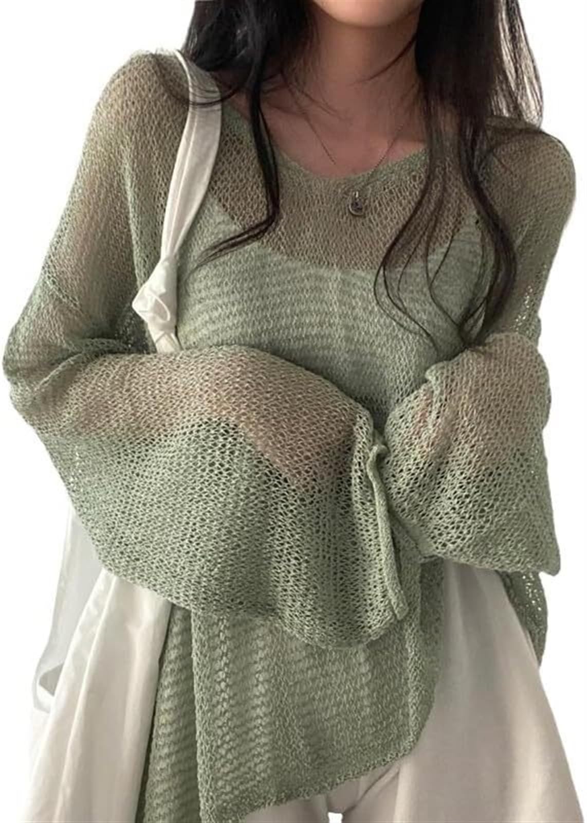 YANROSE Crochet Tops For Women Fairycore Blouse Coquette Aesthetic Crochet Top Cottagecore Clothing Fairy Grunge Lightweight Sweater Y2K Knitted Tops (Color : Green)