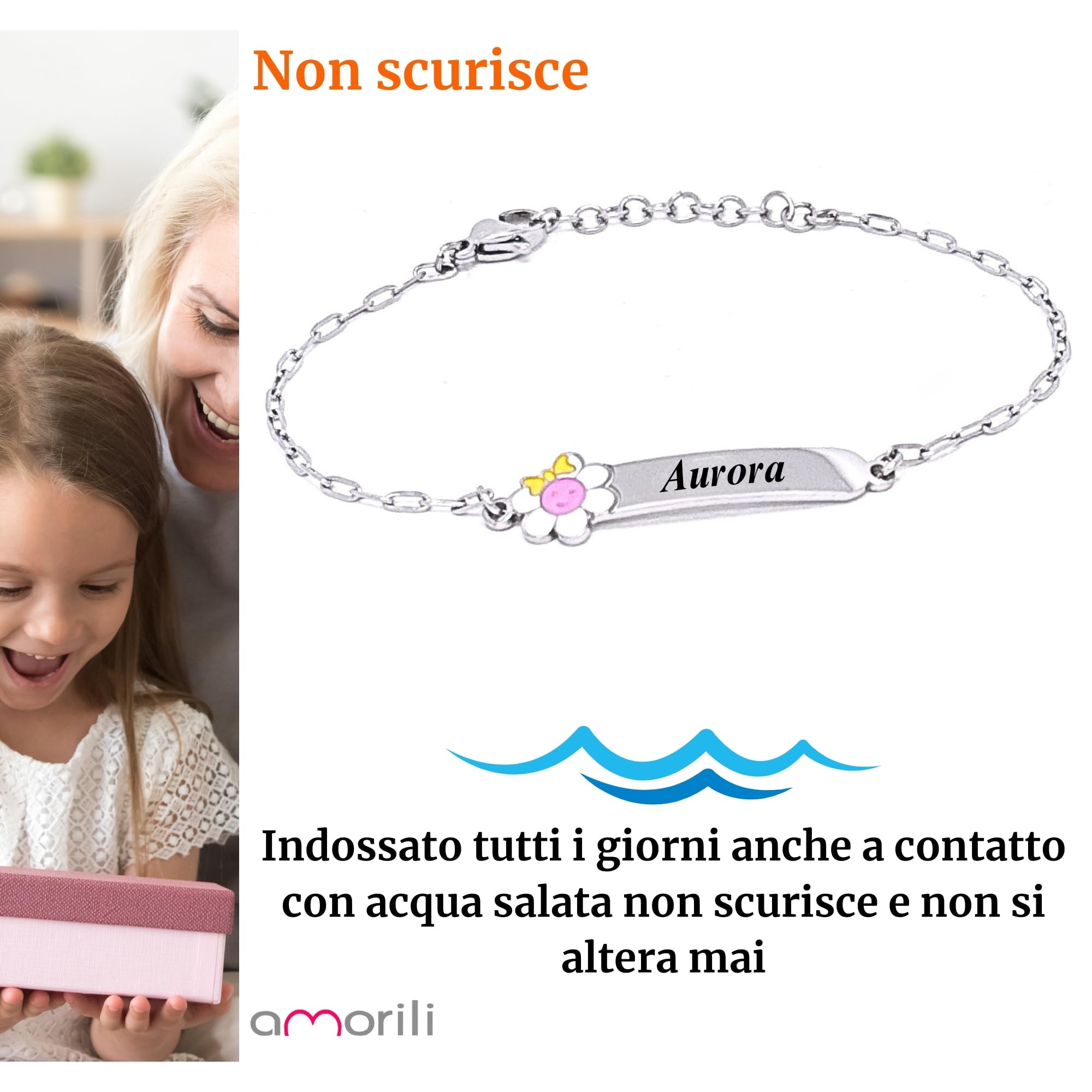 amorili Bracciale Bambina Personalizzato con Nome – Fiorellino in Acciaio Inox Anallergico – Regalo Bimba – Idea Compleanno, Nascita, Battesimo – Made in Italy by bcc3108