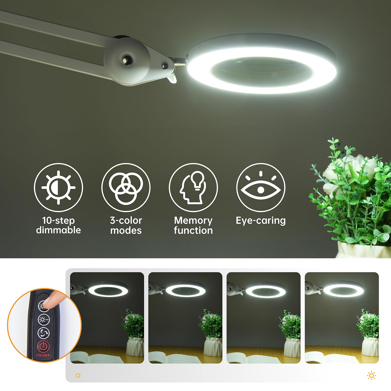lampa powiększająca LED, 5X powiększenie ze stopniowym ściemnianiem, 3 tryby kolorów, szklana soczewka o średnicy 105 mm, wytrzymałe metalowe ramię wahadłowe, regulowany zacisk, biały, tylko w Wielkiej Brytanii
