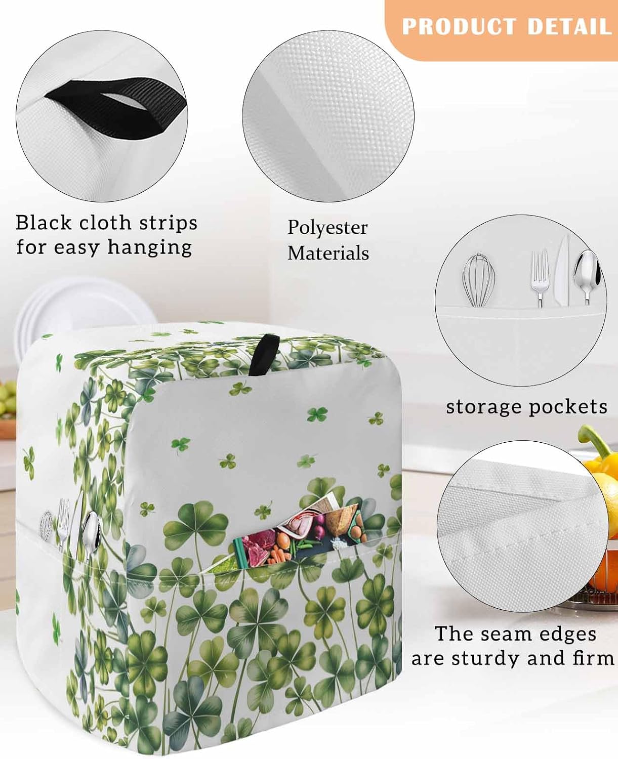St. Patrick's Day Stand Mixer Cover with Storage Pocket, Waterproof Kitchen Mixer Covers, Lucky Shamrock Spring Botanical Kitchen Appliance Dust Cover Compatible with 5-8 Quart Mixers