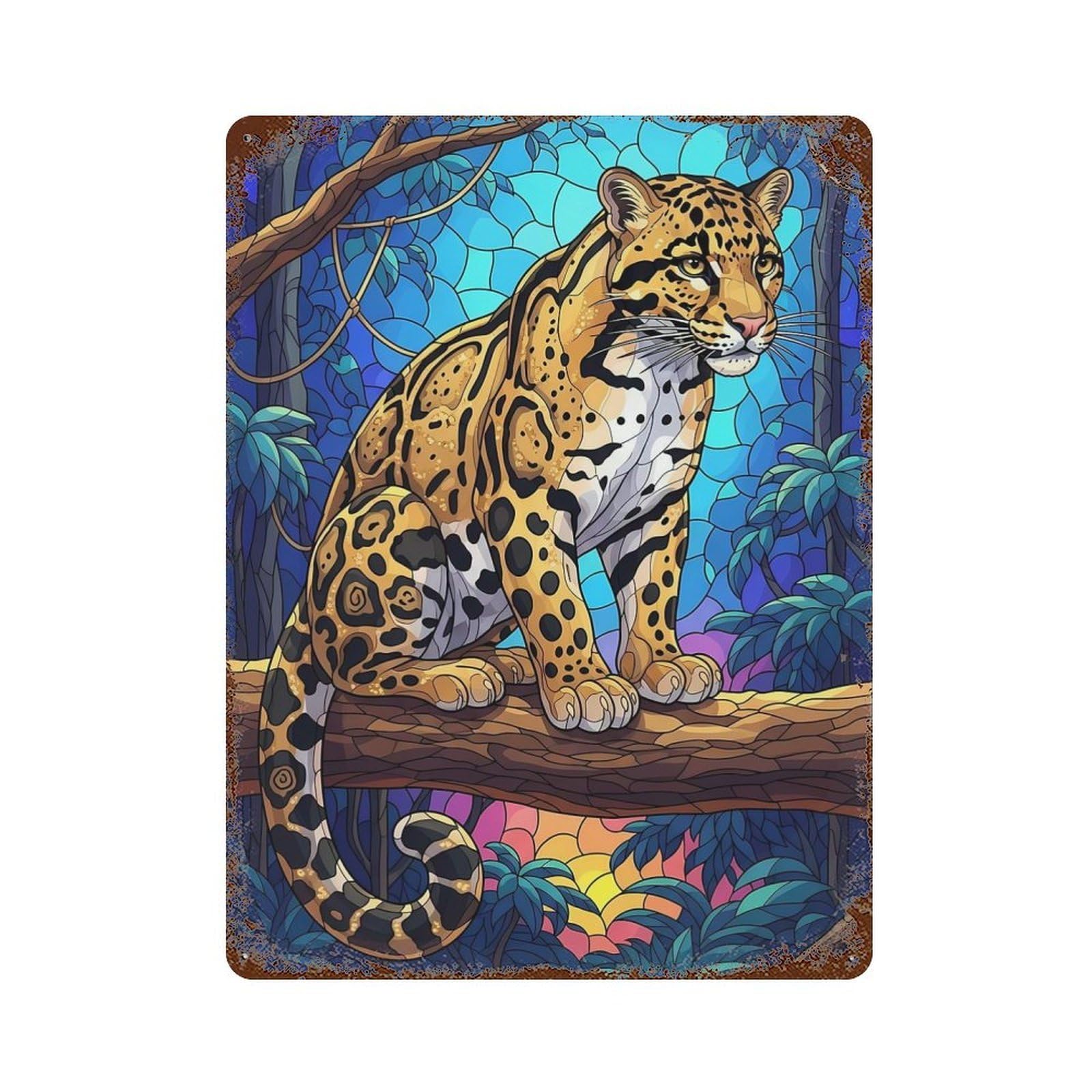 Clouded Leopard in Jungle Stained Glass Vintage Metal Tin Sign 15.7"x11.8", for Garage, Bar And Workshop Decor, Novelty Wall Decor