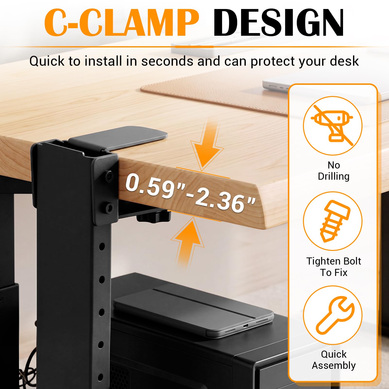 Hicarer PC-Halterung, kompatibel mit Desktop-Tower-Halterung, verstellbar, schwarz, Stahlhalterung für Zuhause, Büro, ohne Bohren, 34 bis 54 cm, Höhe 15 bis 25 cm, Breite 15 cm