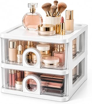Desktop Makeup Storage Container 2 Drawers Clear Desk Organizer Small Plastic Storage Drawers for Cosmetics 1Pack