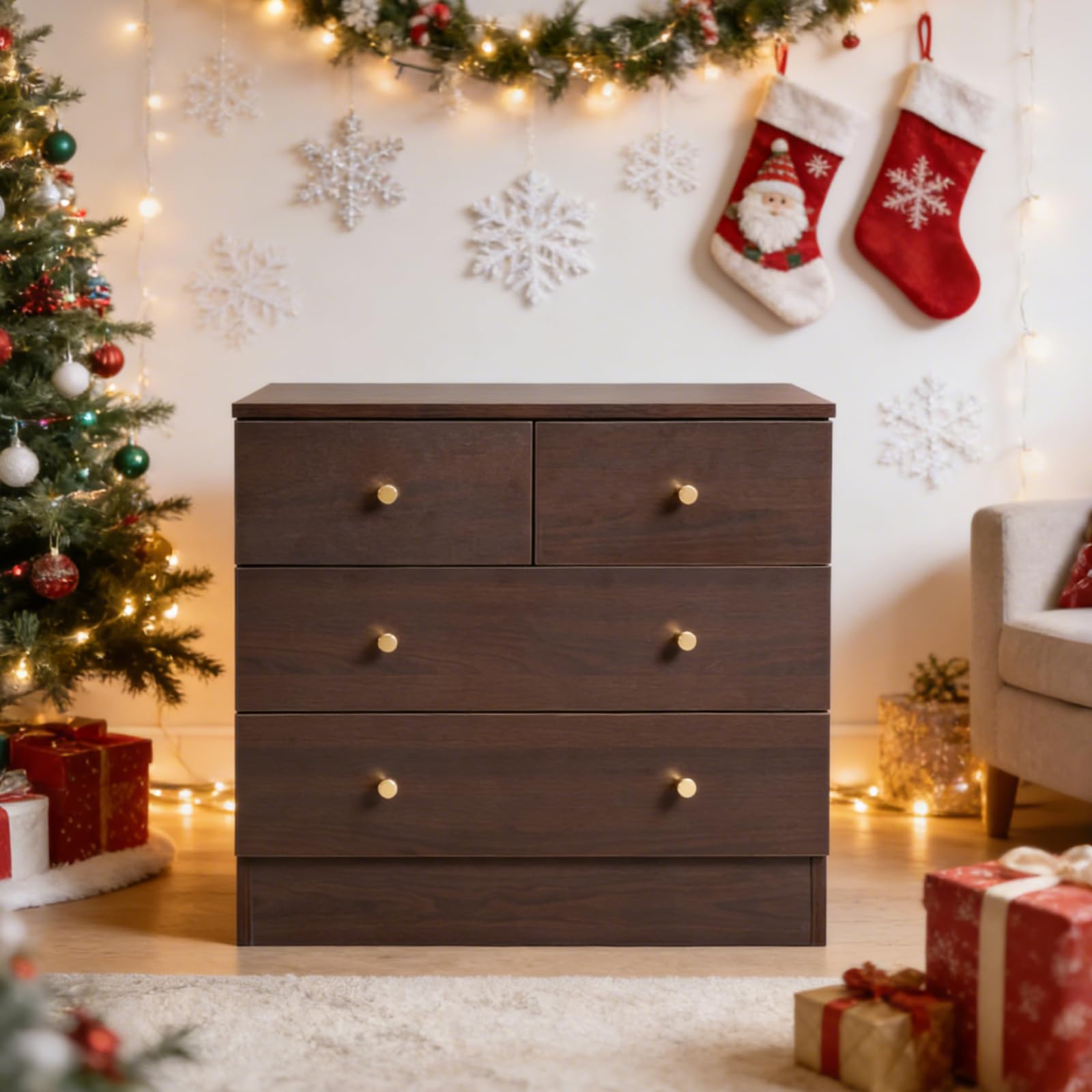 Karl home Brown 4 Drawer Dresser for Bedroom, Modern Wood Dresser Chest of Drawers, Rustic Bedroom Dressers Nightstand, Anti-Tipping Device, Rose Gold