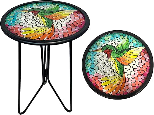 Miniatura 12 de HONGLAND Mesa auxiliar para exteriores, mesa pequeña para exteriores, mesa auxiliar redonda de 12 pulgadas, soporte para plantas de vidrio, mesa