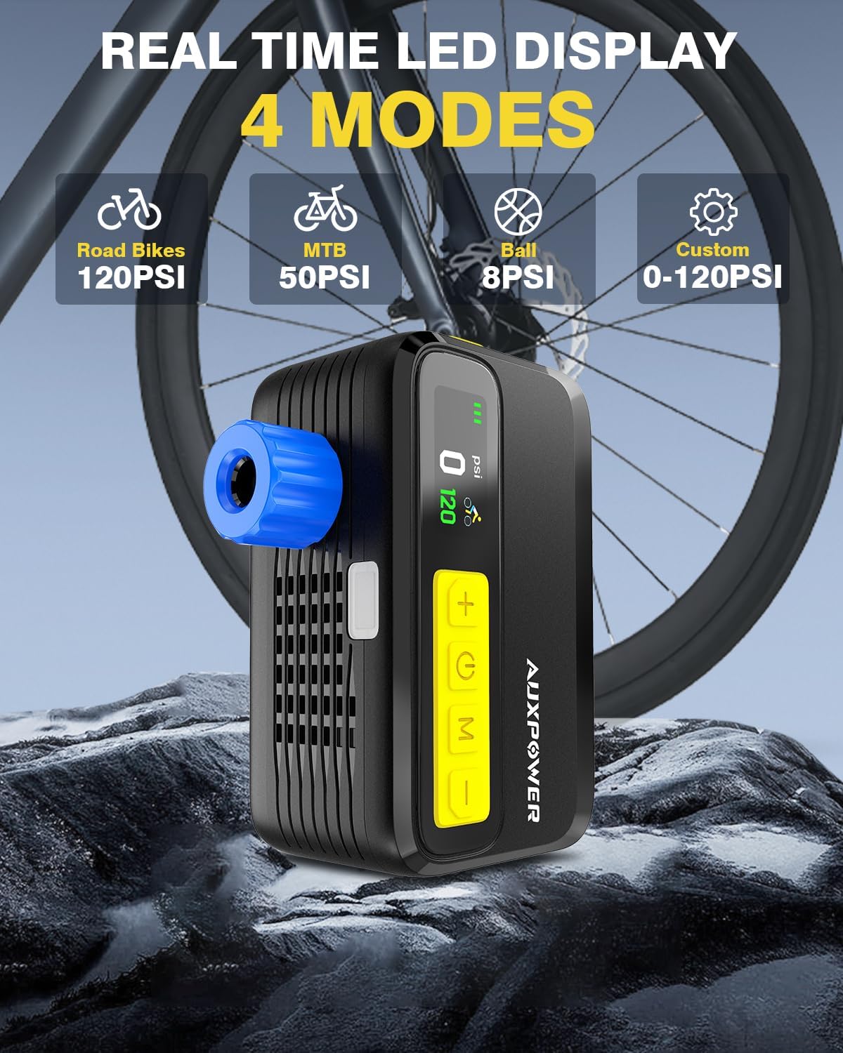 Auxpower New Electric Bike Pump-Mini Portable Bike Tire Pump with Gauge, 120PSI Portable Bicycle Pump Fast Inflation, High-Performance Air Pump for Bike Tires and Balls (Presta & Schrader)