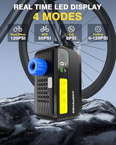 Miniatura 2 de Auxpower BL05 Bomba de bicicleta con medidor de presión, bomba eléctrica portátil de 120 PSI con válvula Presta y Schrader, parada automática, bomba