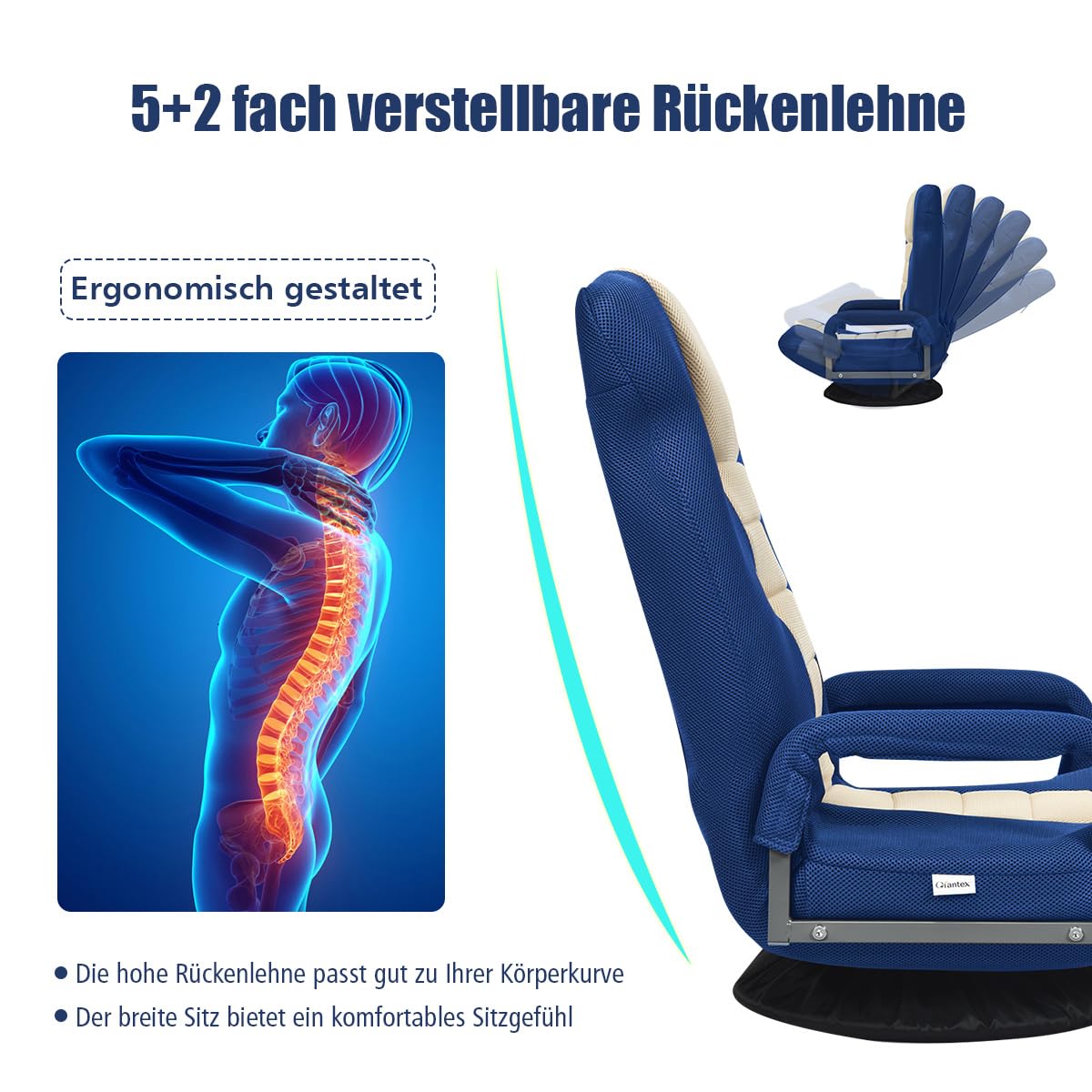 RELAX4LIFE Silla de Suelo Giratorio 360° con Respaldo Ajustable en 6 Ángulos, Sillón Relax Plegable con Diseño Ergonómico para Salón, Dormitorio y Oficina, Carga 120kg, Azul+Beige