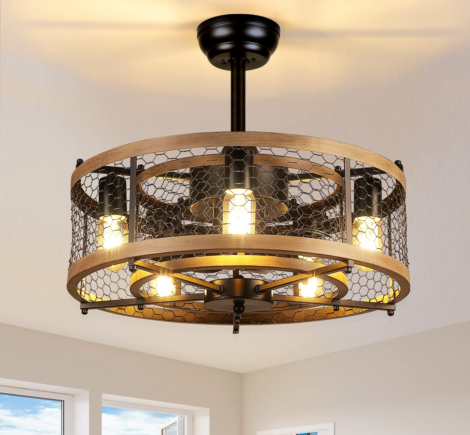 Photo 1 of SHIHOT Black Caged Ceiling Fan with Lights Remote Control, 20''Bladeless Farmhouse Ceiling Fan with Light, Small Modern Rustic Ceiling Fan, Reversible