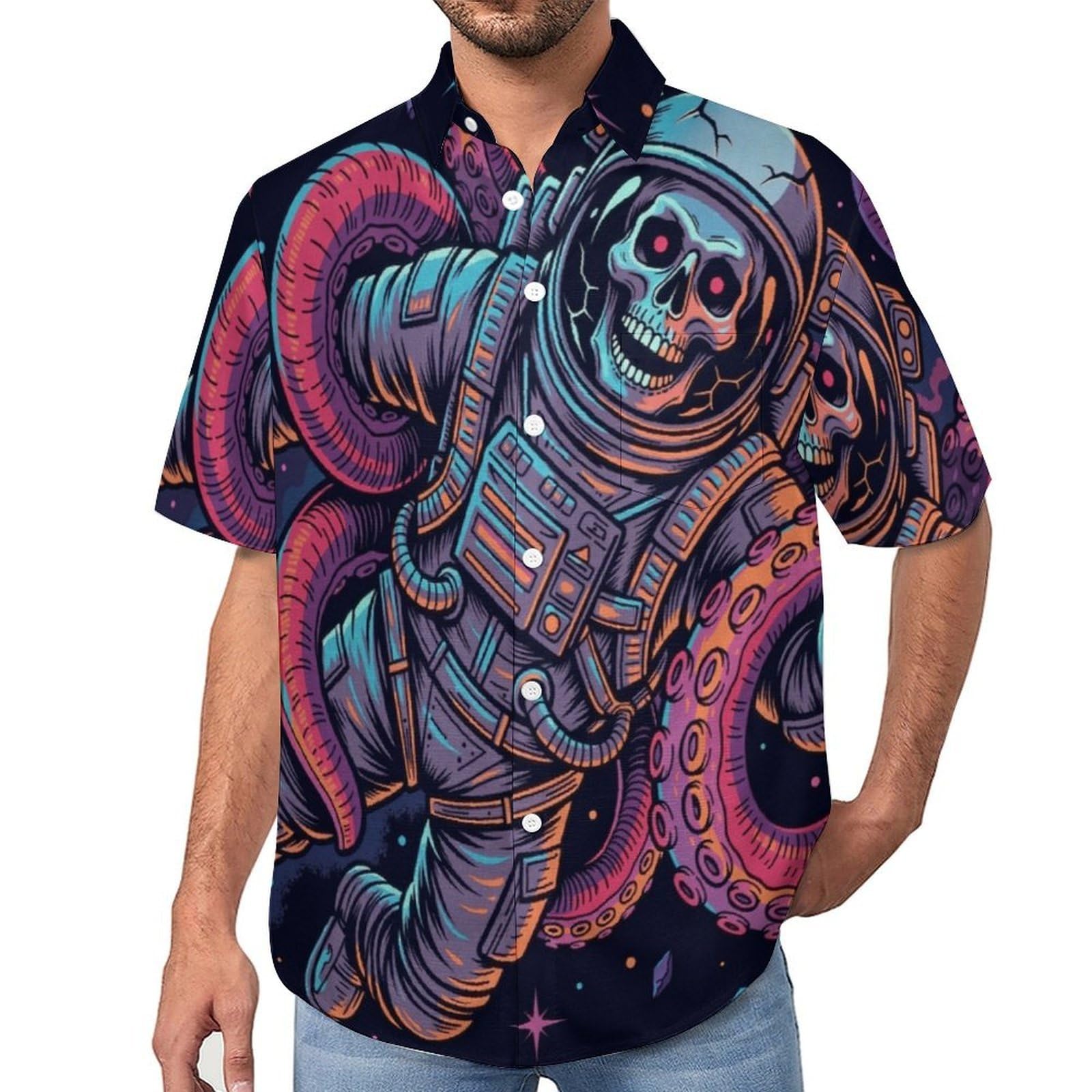 Camicia Casual da Uomo, Teschio di Astronauta Stampa Maglietta Estiva a Maniche Corte Stile Fantasy Casual Button Down Hawaiani Camicie Risvolto Spiaggia Top
