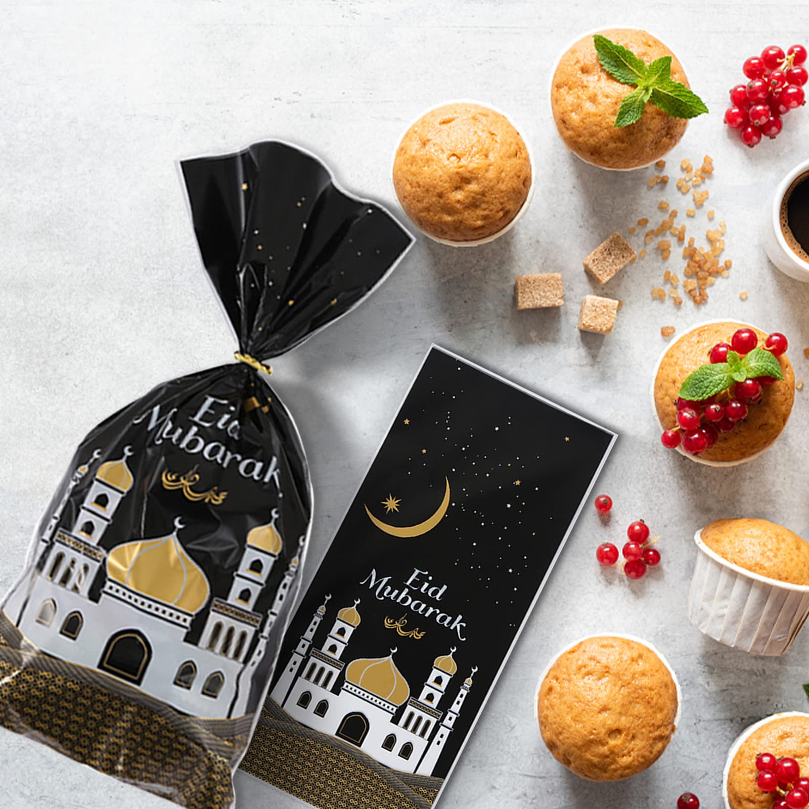 100 Sacchetti Regalo Eid Mubarak Per Feste Ramadan - Confezione Cellophane Con Motivi Moschea, Luna E Stelle - Include 100 Chiusure Twist - 27,5x12,5 Cm - 2