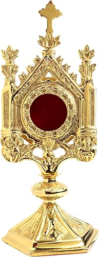 Needzo Monstrance de latón con diseño adornado, relicario religioso sagrado para exhibición de iglesia y hogar, accesorio católico para reliquias,