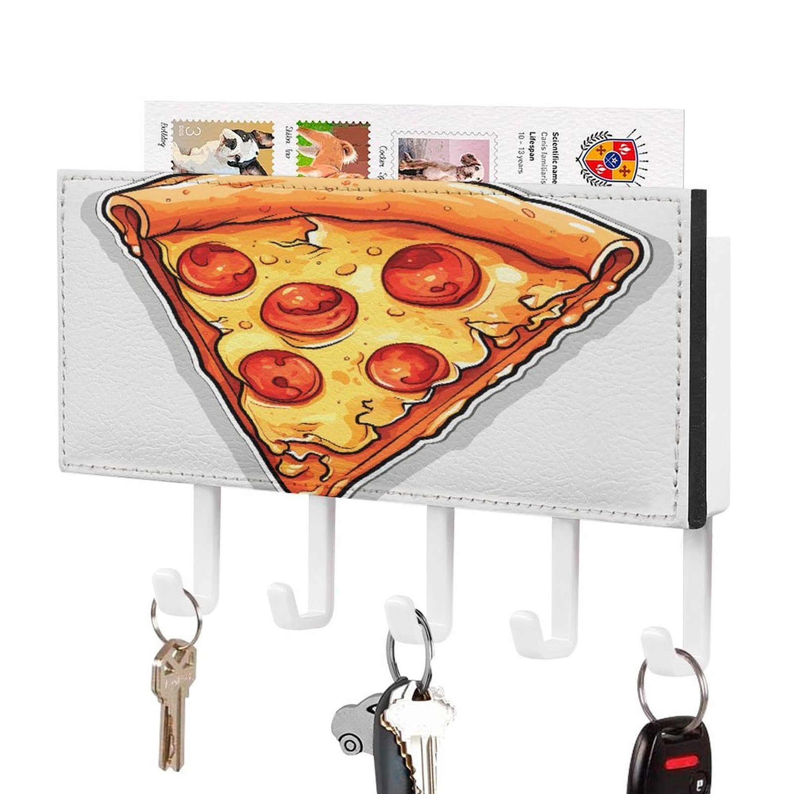 Fekiloot White-Style Cartoon Pizza Key Holder Wall Mount Key Hanger With 5 Hooks Decorative Key Rack Hanging Key Hooks With Mail Organizer Key Holder For Wall Living Room Kitchen Bathroom Hallway White