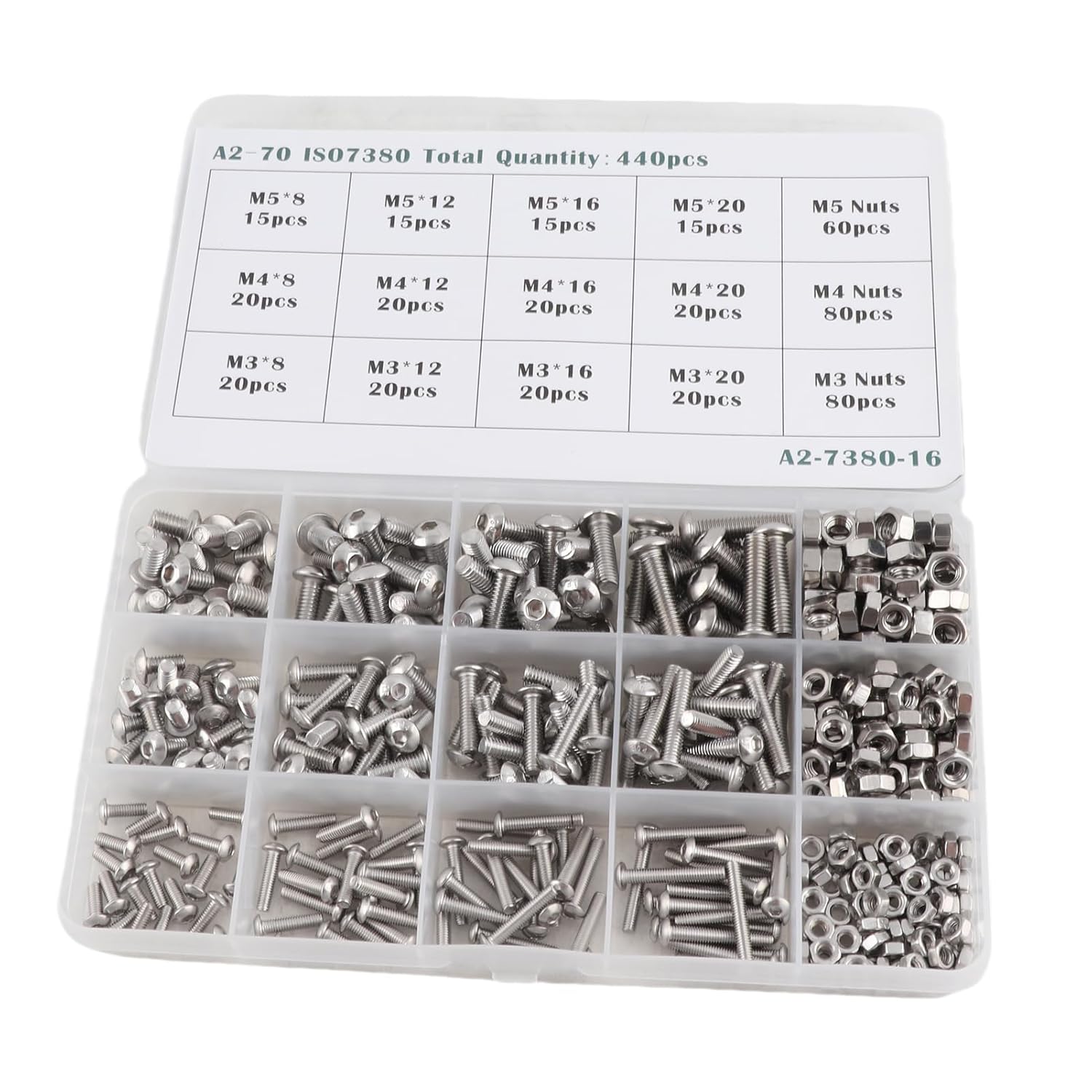 Irfora Stainless Steel Bolts Nuts Screws Set, 440pcs Kit Assortment M3 M4 M5 for Machinery Furniture Car Repair, Easy to Carry and Durable