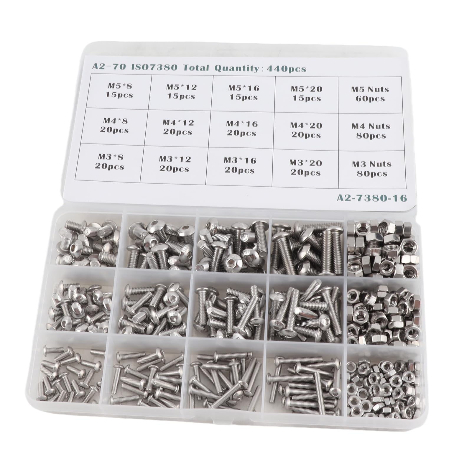 440-teiliges Muttern-Bolzen-Schrauben-Set aus Edelstahl, Sortiment M3, M4, M5, tragbares Hardware-Set für Maschinen, Möbel, Autoreparatur, langlebig, 304 Edelstahl, verschiedene