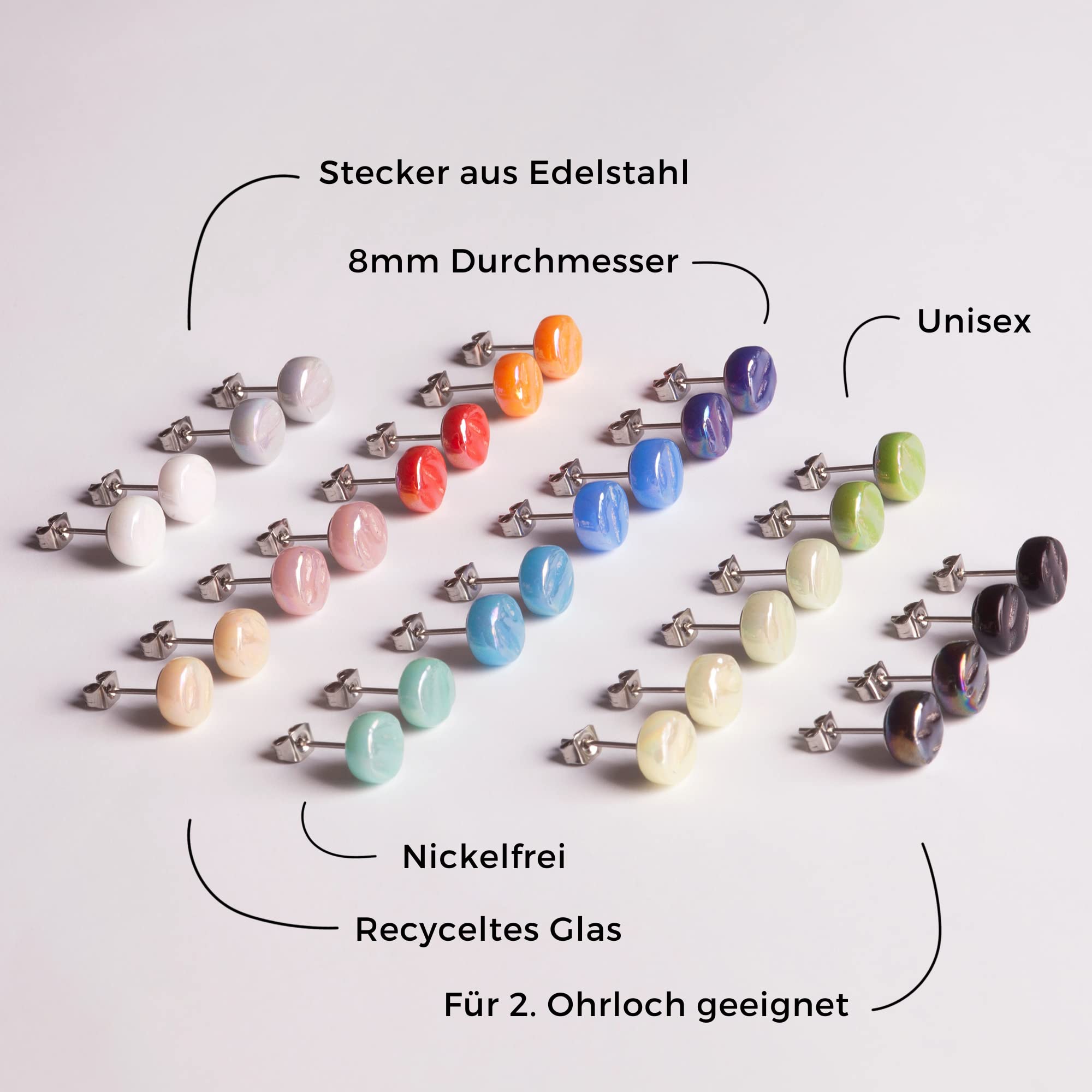 3er Ohrringe Set bunt • Runde Ohrstecker mit Stein • Nachhaltiger Modeschmuck • Hochwertiger Edelstahl & recyceltes Glas • Ø 8mm