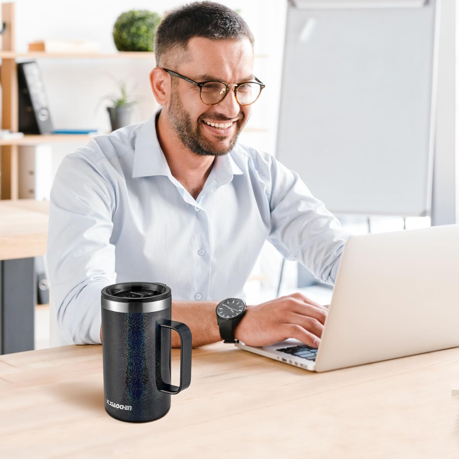 KXIAOCHEN 20oz Insulated Coffee Mug with Lid, Stainless Steel Coffee Cup, Double Wall Vacuum Coffee Tumbler with Handle, Premium Thermal Travel Coffee Mug (Glitter Black) - Image 3