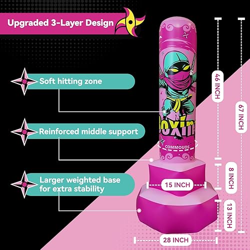 Miniatura 4 de COMMOUDS Saco de boxeo de 67 pulgadas para niños, juego de boxeo inflable con guantes, saco de boxeo de rebote rápido para practicar karate,