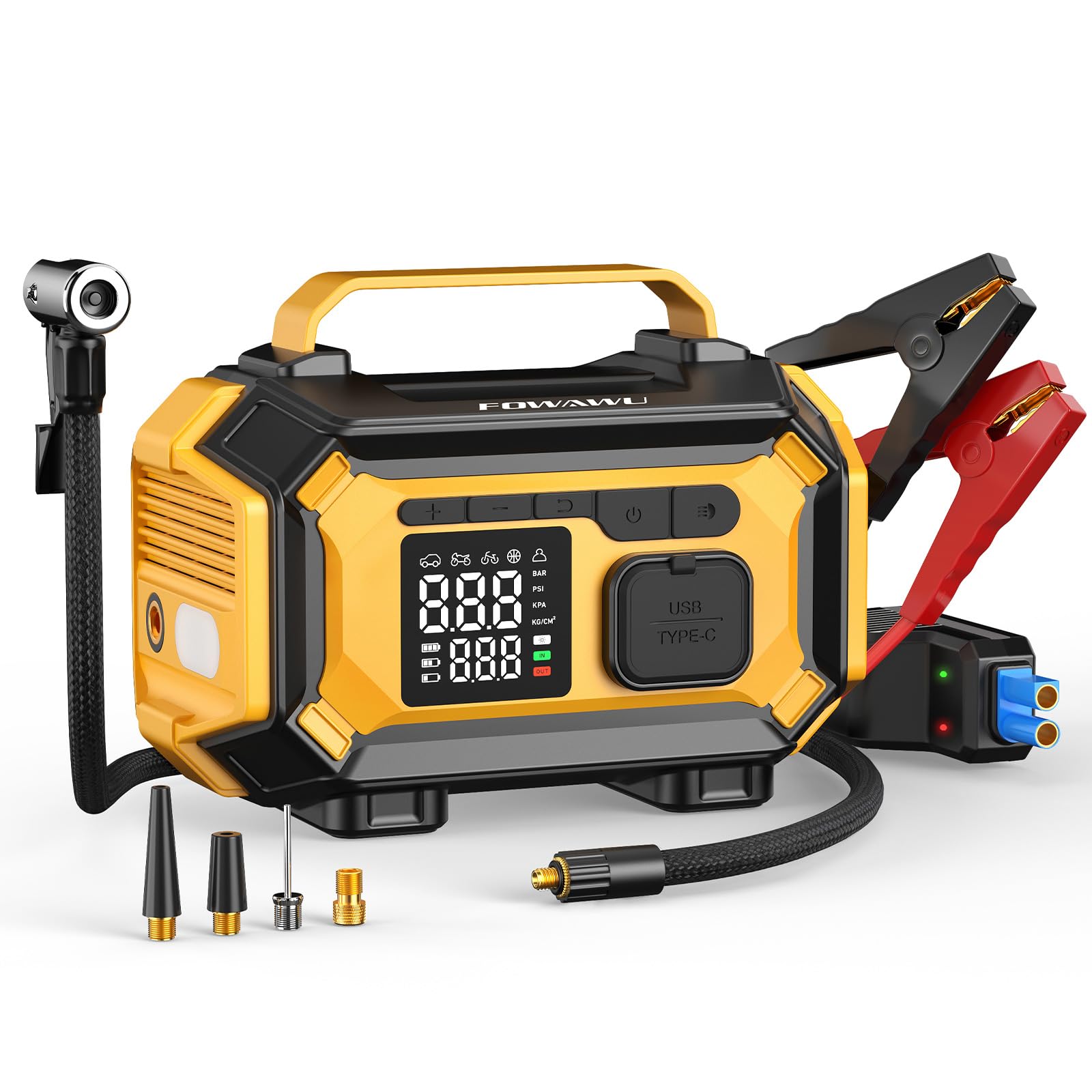 FOWAWU Arrancador de Baterías de Coche 8000A con Compresor de Aire 150PSI, 9 en 1 Booster de Batería 12V para Todo Gasolina y 10L Diesel, Cargador Portátil con Parada Automática y Linterna LED