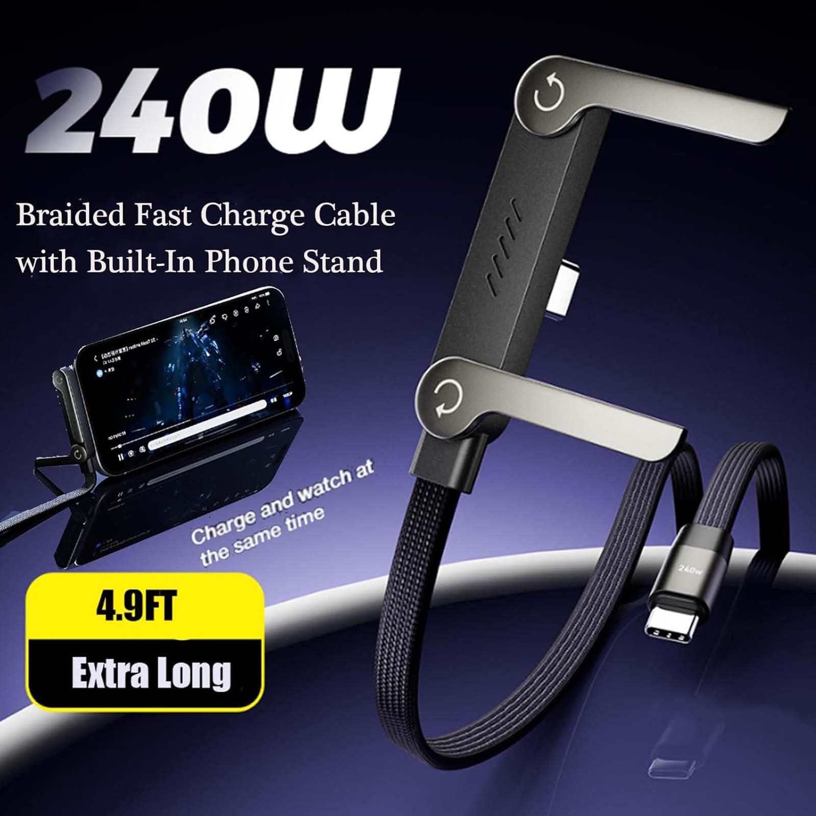 Kabel do szybkiego ładowania 240 W ze stojakiem do smartfonów, boczna ładowarka do telefonu komórkowego ze stojakiem, nieplączący się, elastyczny kabel USB-C o długości 1,5 m do smartfonów (3, a)