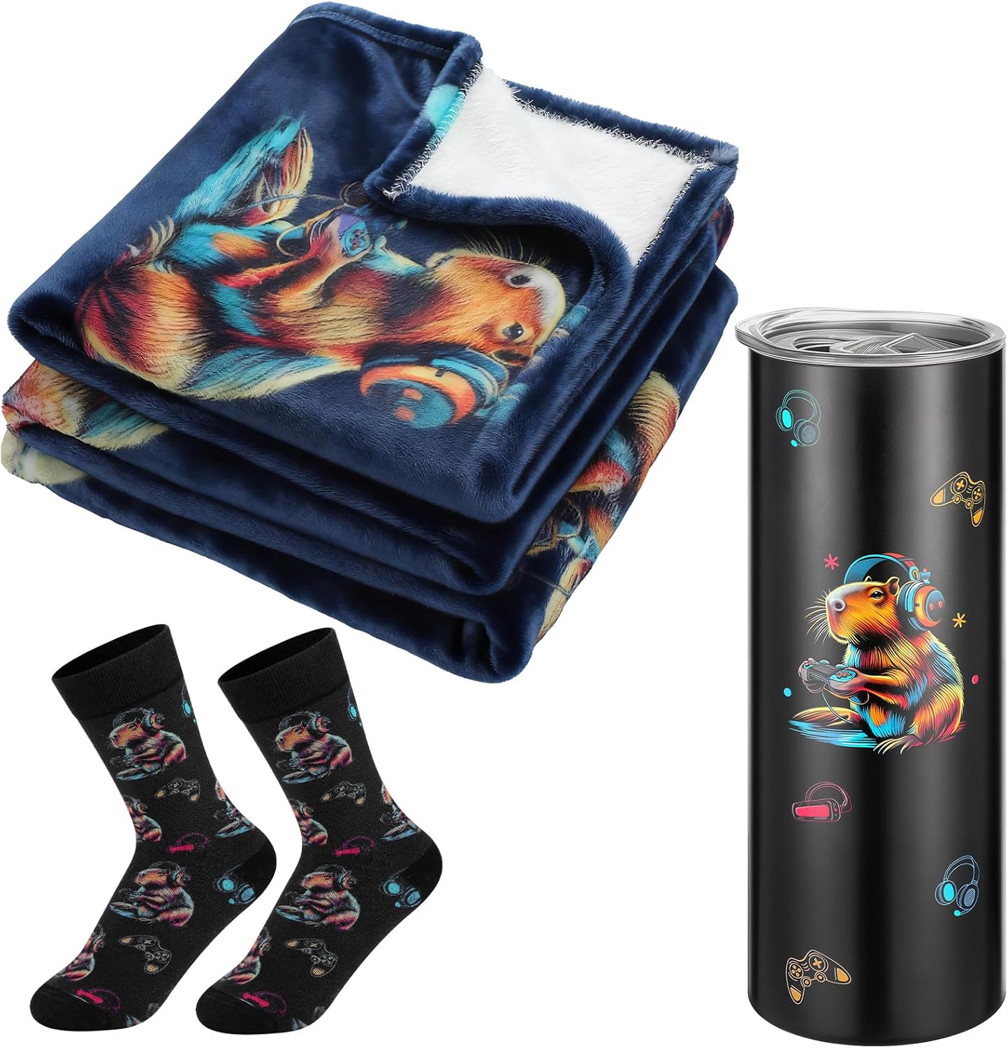 Sieral 3 Pcs Video Games Capybara Gifts Set for Men Soft Sock 20 oz Stainless Steel Tumbler Blanket Capybara Lover Stuff Accessories Christmas Animal Lovers Gift for Friendship Birthday Party